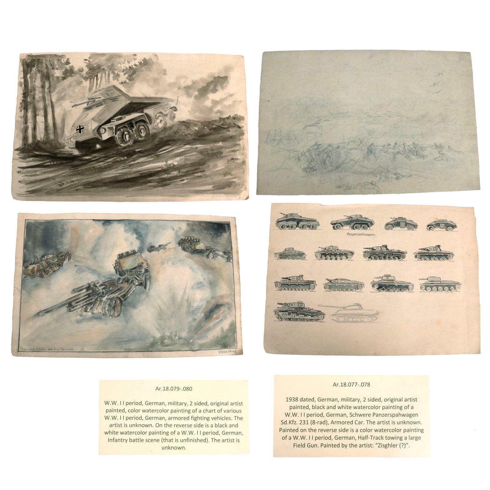 Buy Original German WWII Pair of Double-Sided Armored Vehicle Artwork - Watercolor & Sketches - Formerly  A.A.F. Tank Museum | Original Firearms Antique For Sale