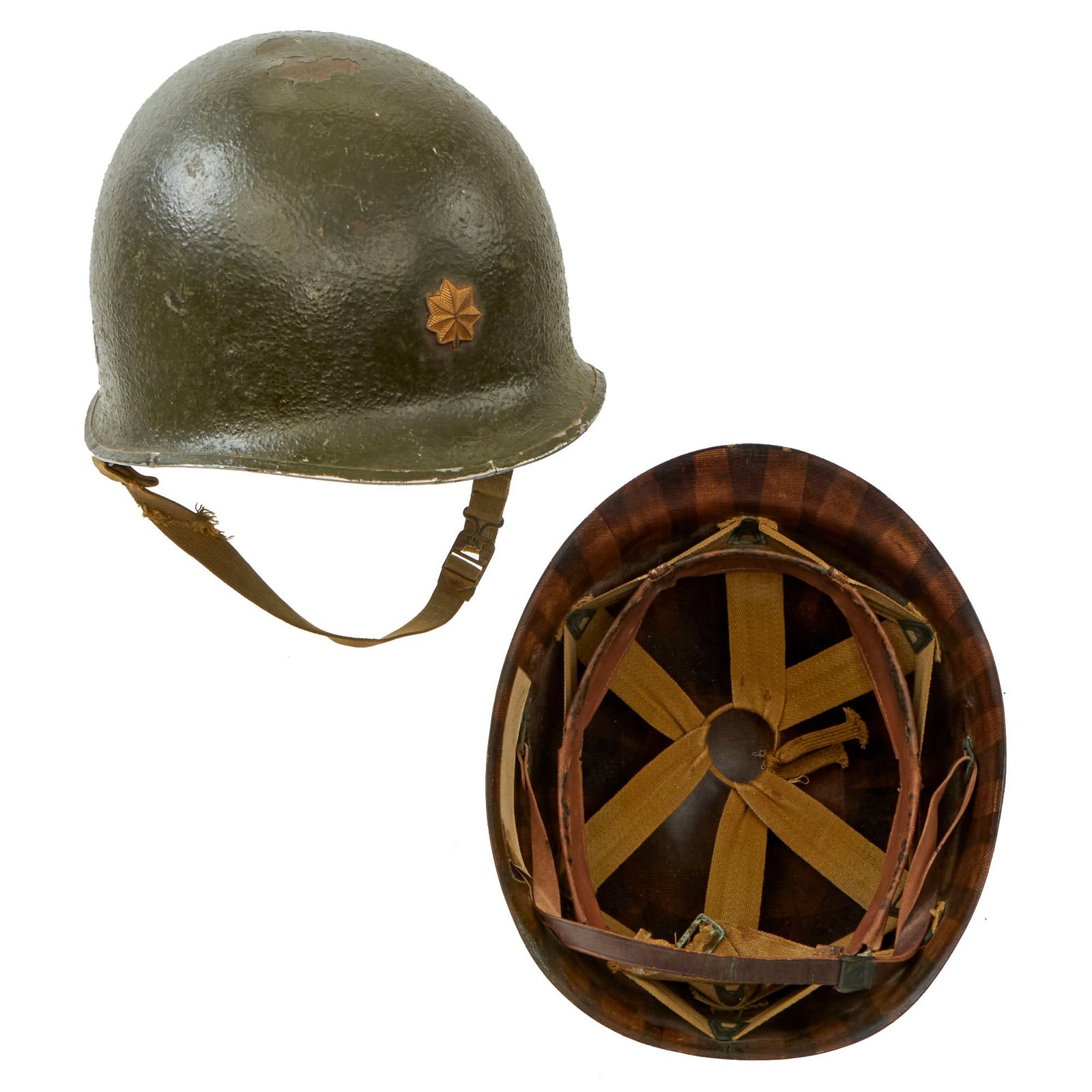 Buy Original U.S. WWII 1943 Complete M1 McCord Fixed Bale Front Seam Helmet with Brazed Major’s Insignia and 1st Armored Division Firestone Tire & Rubber Co Liner - Formerly Part of the A.A.F. Tank Museum | Original Firearms Antique For Sale