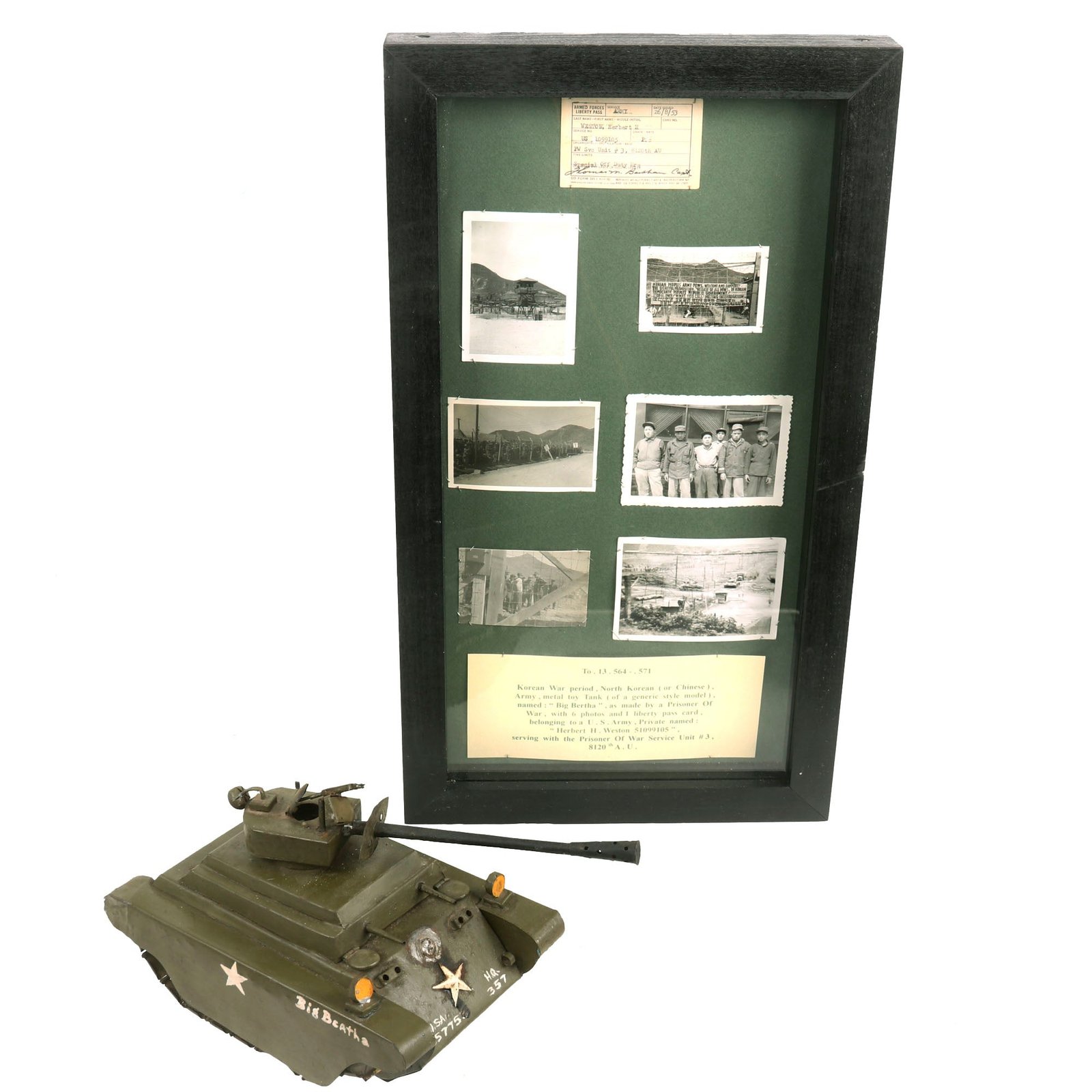 Buy Original U.S. Korean War Prisoner of War Made Sheet Steel American Tank With Pictures and Armed Forces Liberty Pass for Pvt Herbert H. Weston - Formerly A.A.F. Tank Museum Collection | Original Firearms Antique For Sale