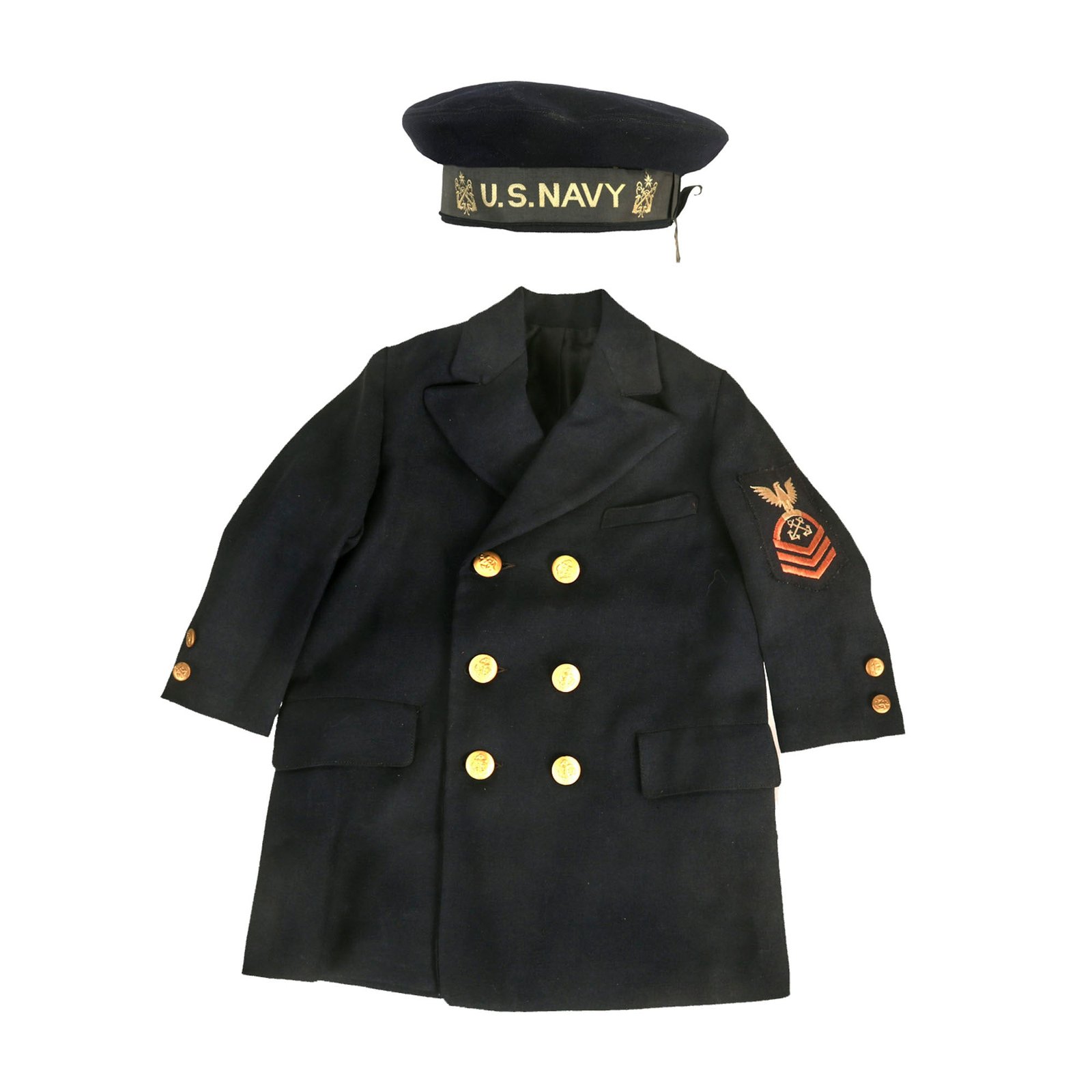 Buy Original U.S. WWII Era Children’s U.S. Navy Chief Boatswain’s Mate Blue Service Dress Uniform Jacket With Cap by Saks & Company, Washington, D.C. | Original Firearms Antique For Sale