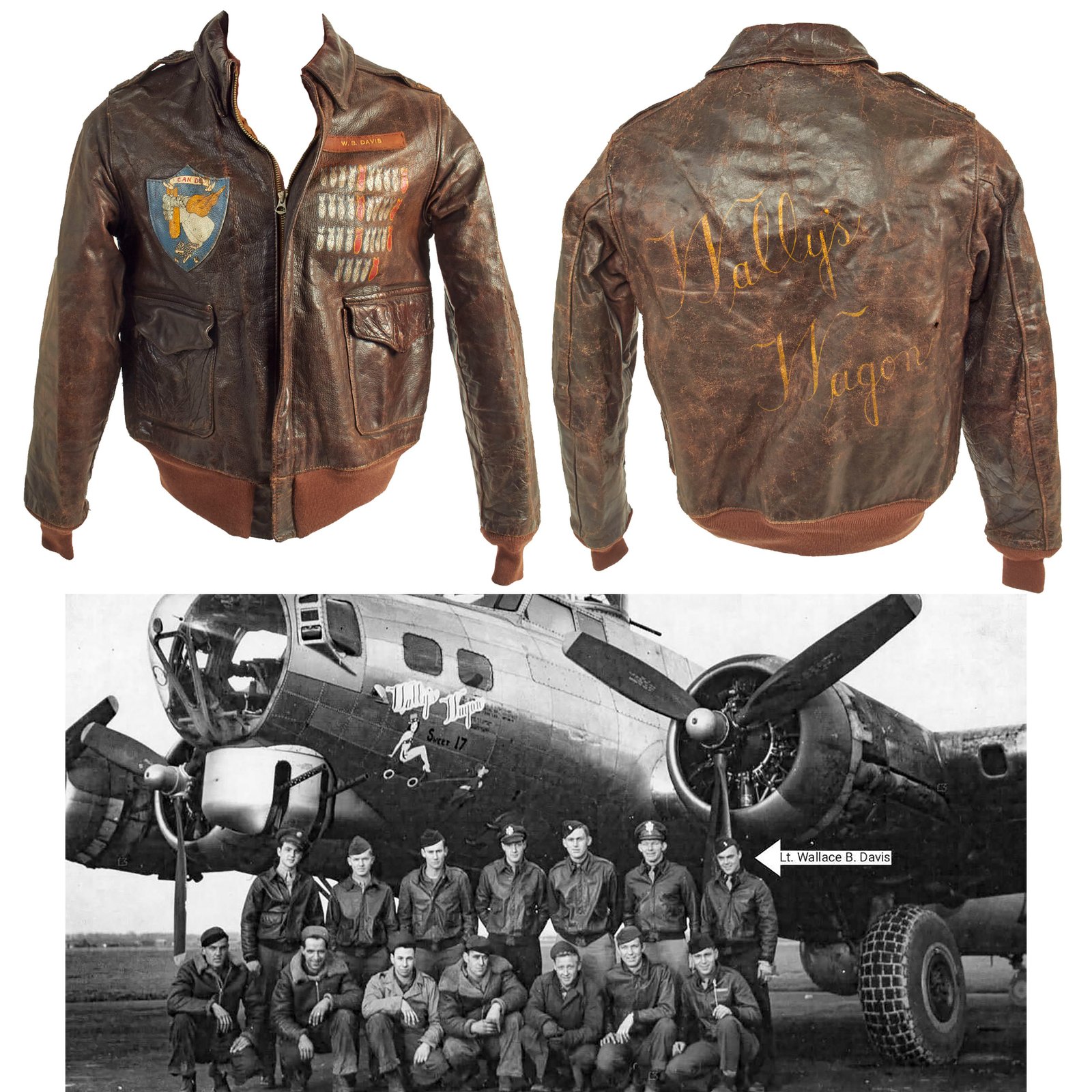 Buy Original U.S. WWII 422nd Bomb Squadron B-17 Wally’s Wagon Painted A-2 Flight Jacket of Pilot Lt. Wallace “Wally” B Davis - Aircraft Shot Down and Used By The Luftwaffe | Original Firearms Antique For Sale