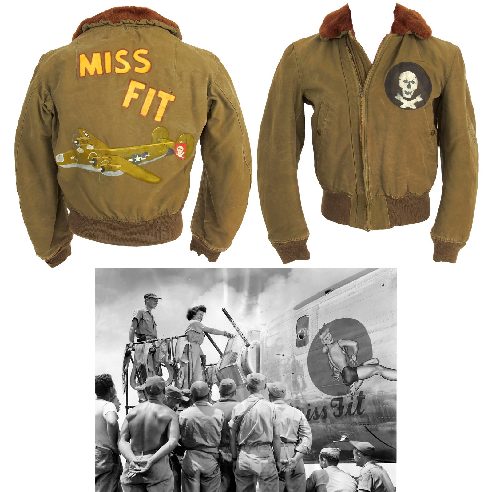 Buy Original U.S. WWII Jolly Rogers 90th Bomb Group B-24 “Miss Fit” Painted 400th Bomb Squadron B-15 Jacket With A-11 Trouser | Original Firearms Antique For Sale