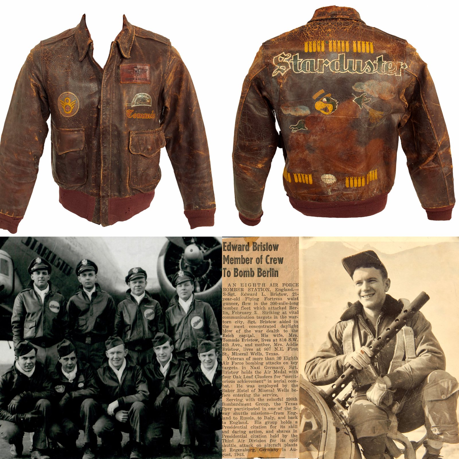 Buy Original U.S. WWII 8th Air Force B-17 Starduster Painted A-2 Leather Flight Jacket of Waist Gunner S/Sgt. Edward L. Bristow of the 390th Bomb Group, 568th Bomb Squadron With Extras | Original Firearms Antique For Sale