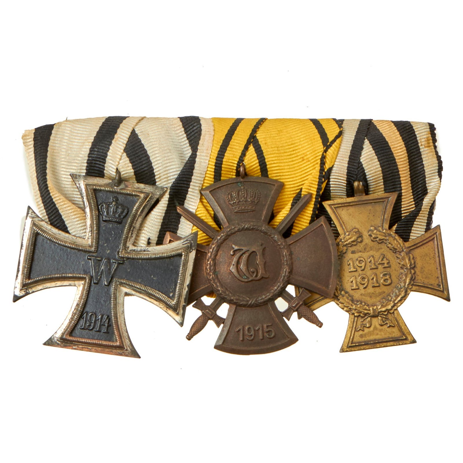 Buy Original Imperial German WWI Era Medal Bar with 1914 EKII and Kingdom of Württemberg Wilhelm Cross 2nd Class - 3 Awards | Original Firearms Antique For Sale