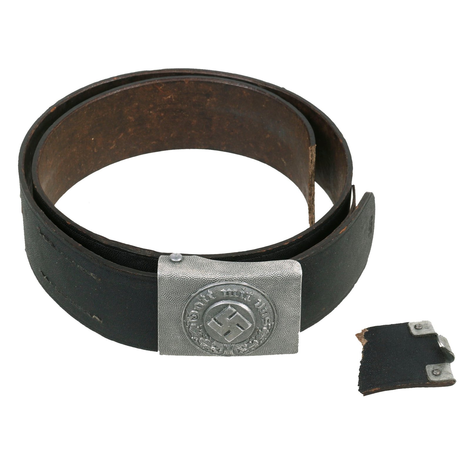 Buy Original German WWII Police Black Preßstoff Belt with Pebbled Aluminum EM/NCO Buckle - Belt Torn Through | Original Firearms Antique For Sale