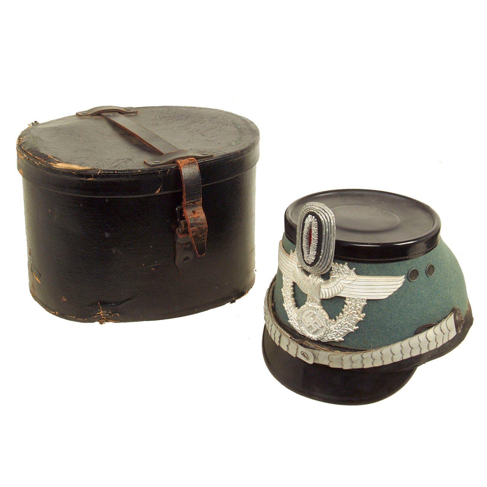 Buy Original Rare Cased German WWII Late Pattern High End Metropolitan Police Shako with Chins Scales & Cockade | Original Firearms Antique For Sale