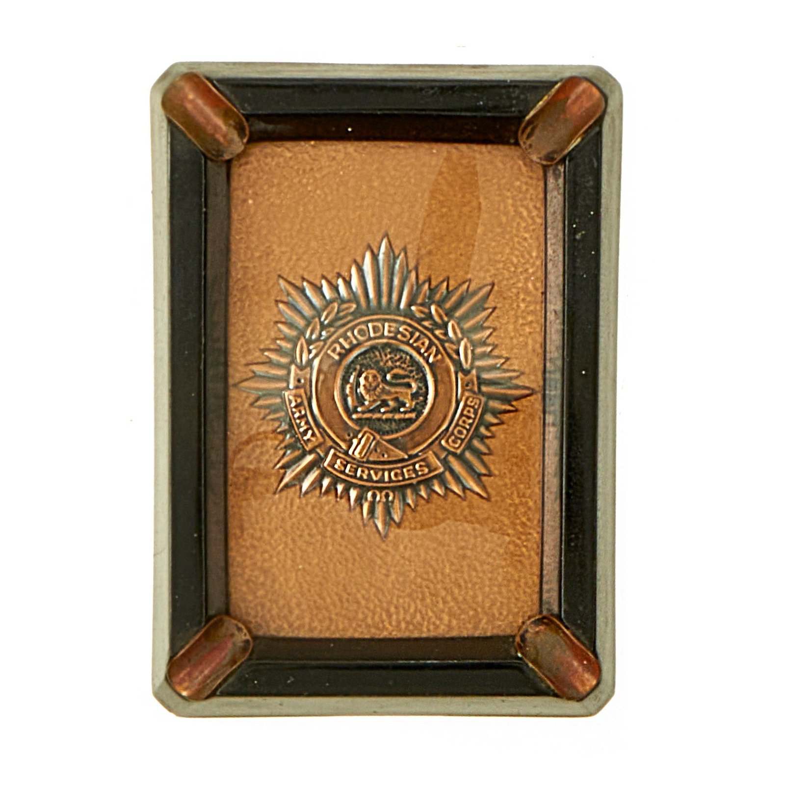 Buy Original Southern African Rhodesian Army Services Corps Brass and Composite Ashray With Crest - By Malcolm Bard of Marlborough, Rhodesia | Original Firearms Antique For Sale