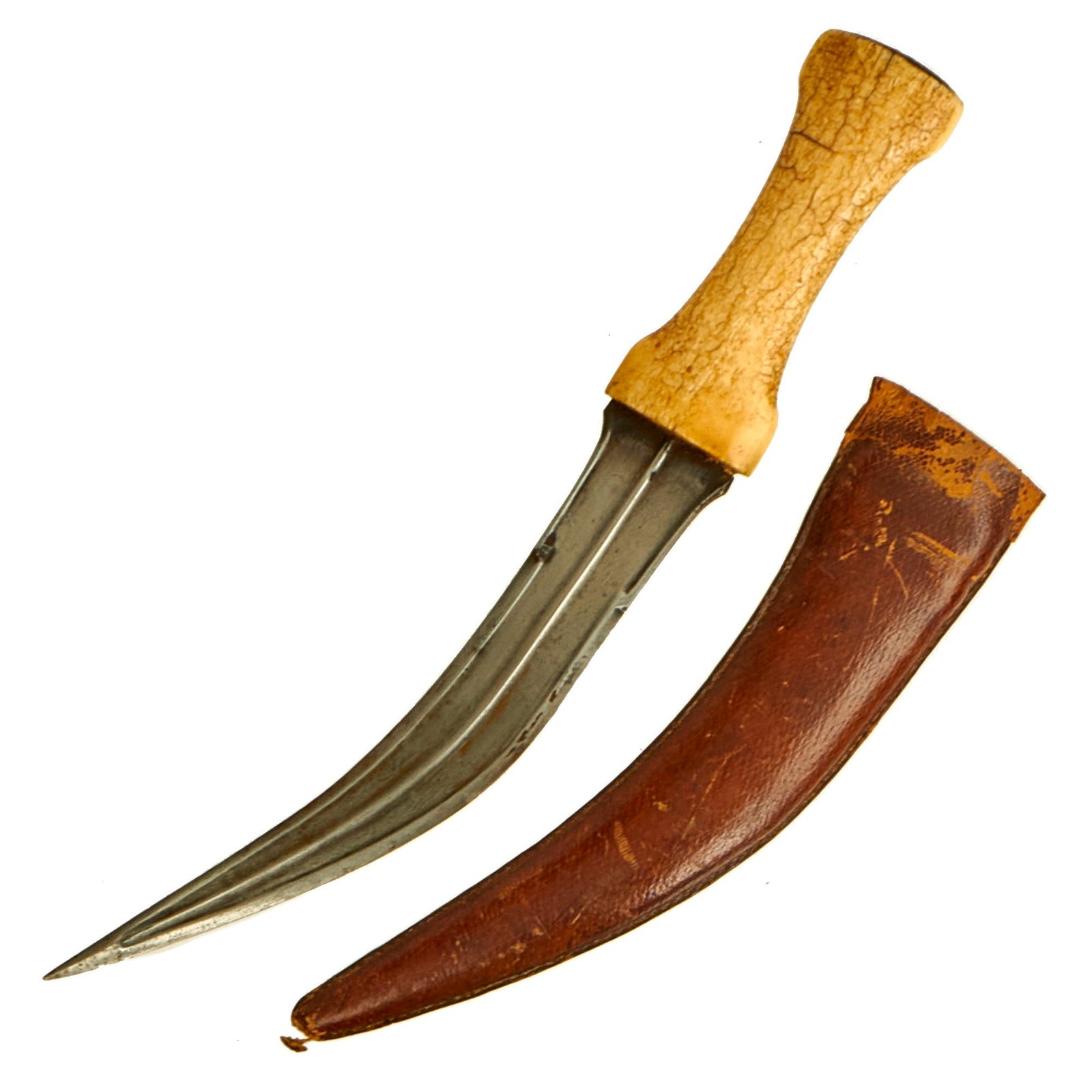 Buy Original Middle Eastern 19th Century Jambiya Curved Dagger With Saifani Ivory Hilt and Leather Clad Wood Scabbard - Features Older Style “3 Ribbed” Blade | Original Firearms Antique For Sale