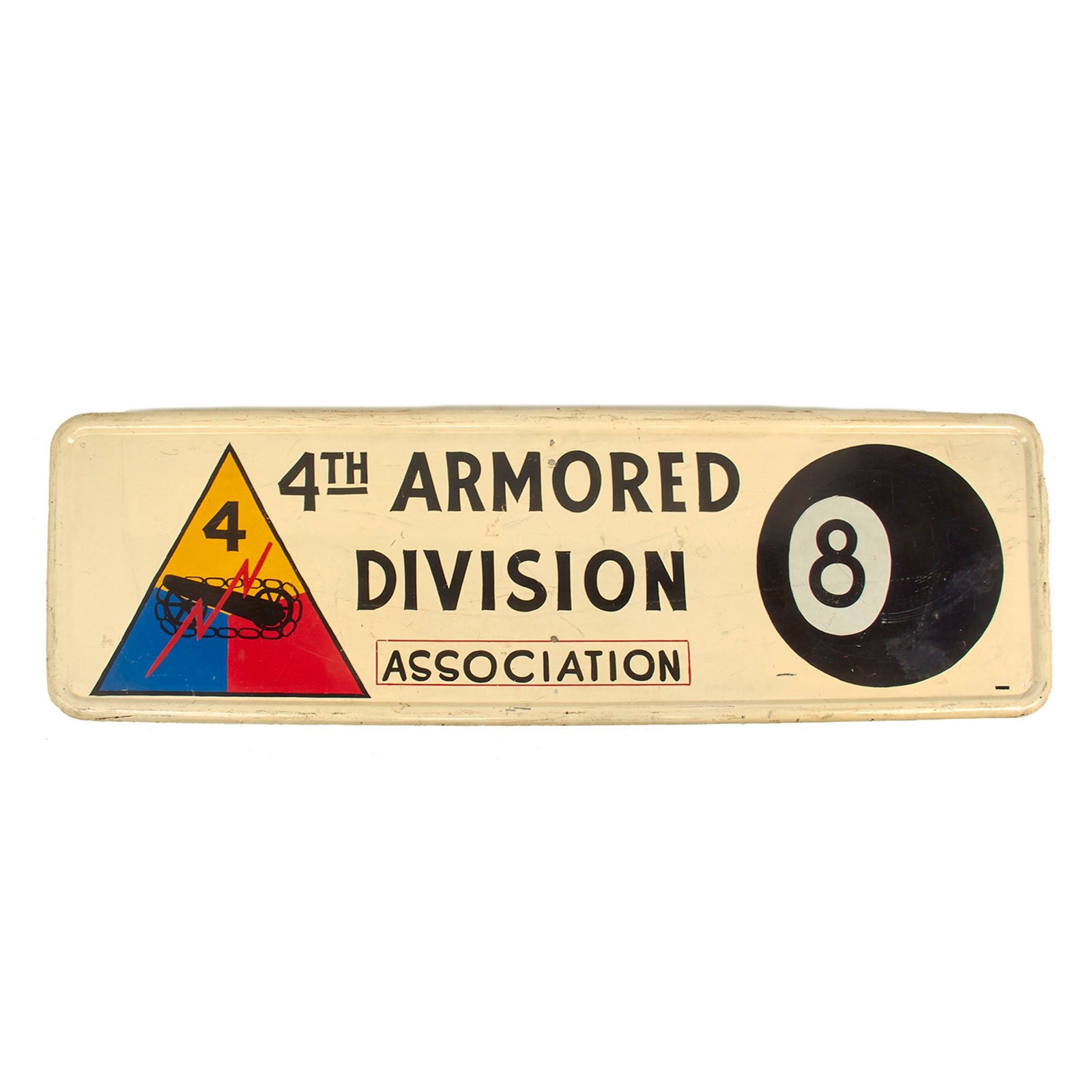 Buy Original U.S. Korean War Era 4th Armored Division Association Sign Painted on Original “Drink Coca Cola” Fountain Service Porcelain Sign - 16” x 50” | Original Firearms Antique For Sale