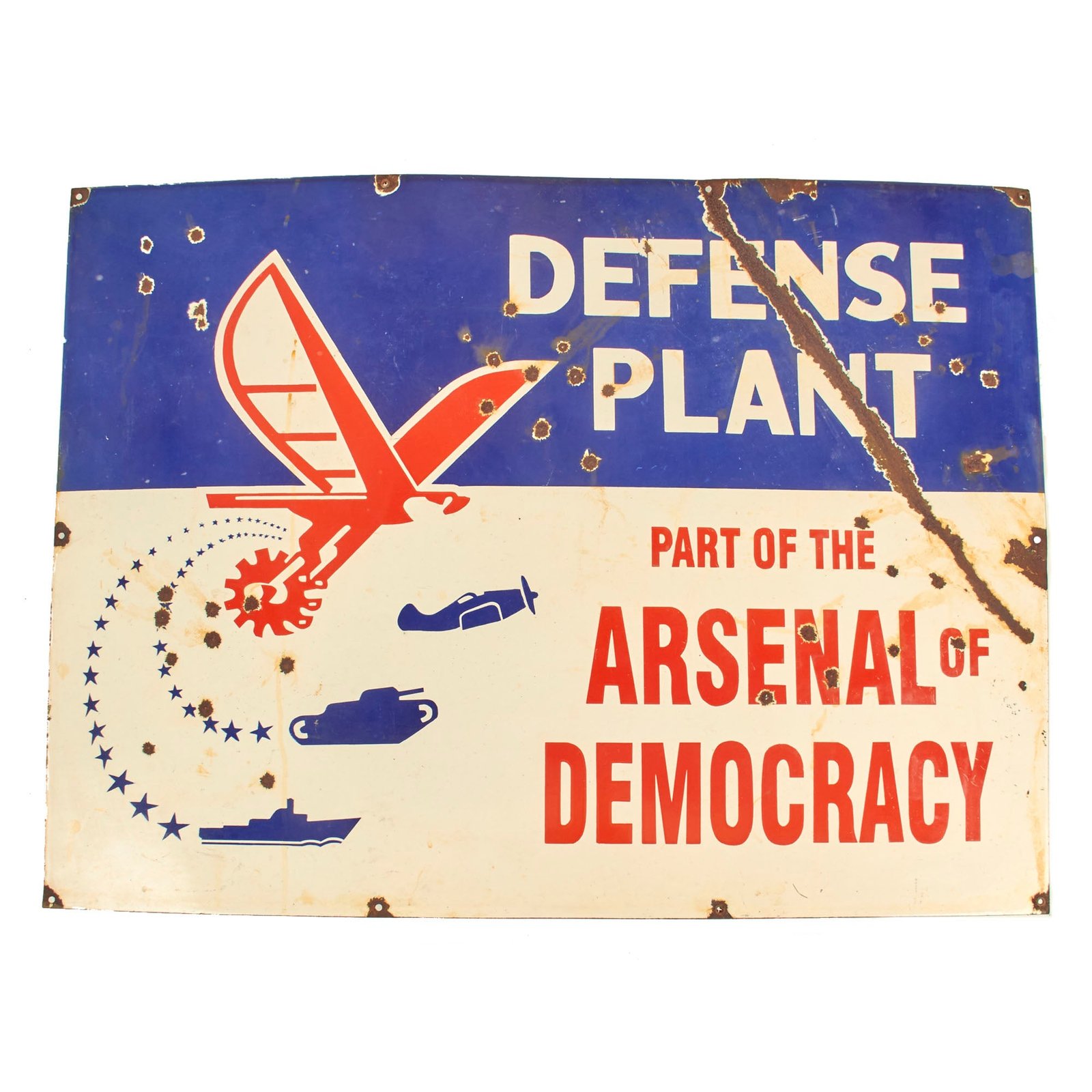 Buy Original U.S. WWII “Defense Plant Part of the Arsenal of Democracy” Rare Enamel Porcelain Factory Sign - 29 ½” x 39” | Original Firearms Antique For Sale