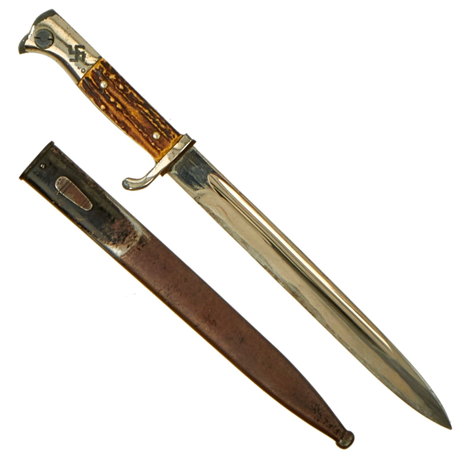 Buy Original German WWII Stag Handled Long 98k Dress Bayonet by PUMA with Dutch NSNAP Inscription Dated 1937 with Scabbard | Original Firearms Antique For Sale