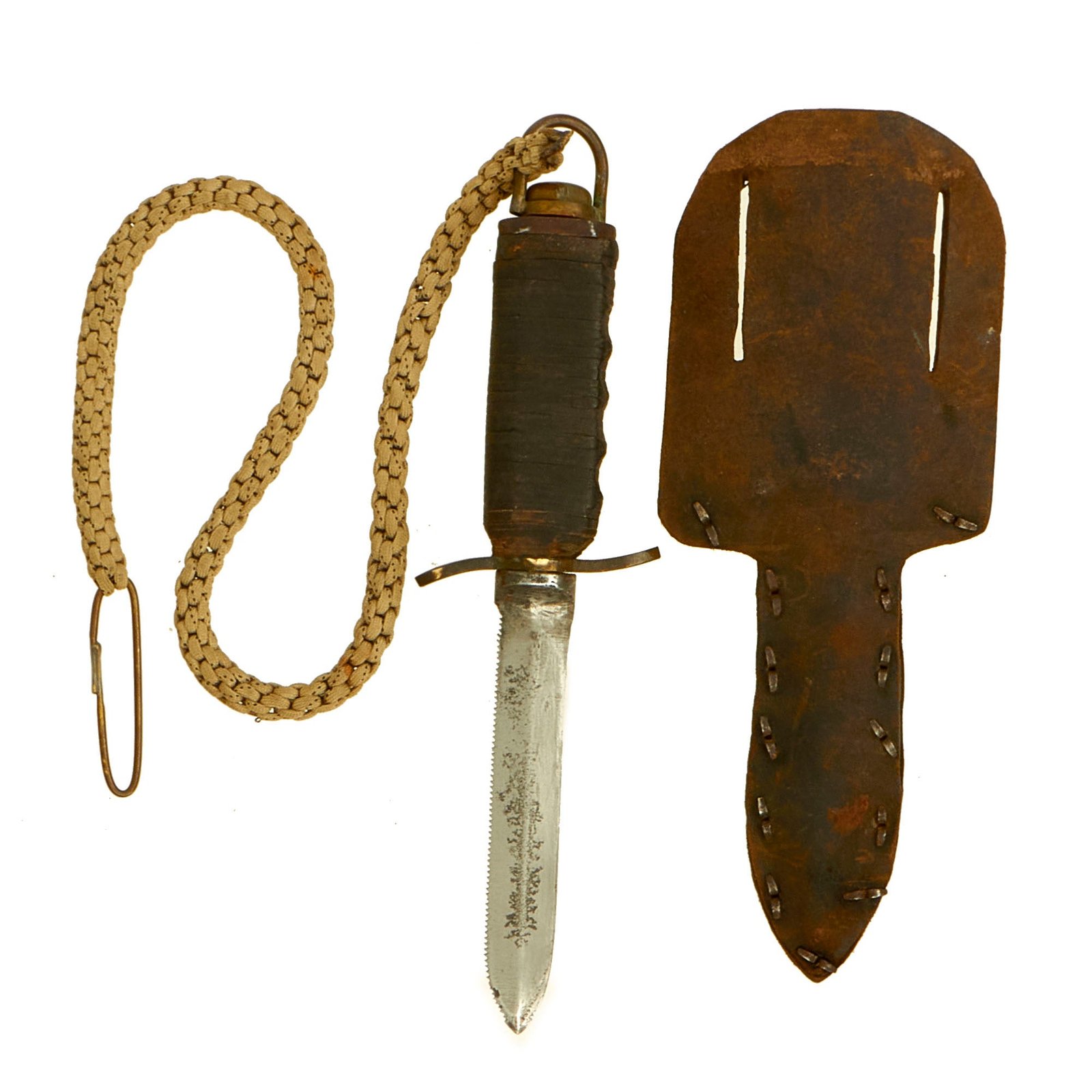 Buy Original U.S. WWII Named Custom MK 5 Deep Sea Dive Knife with Stacked Leather Washer Grip and Leather Scabbard - Seaman 1st Class Le Roy Boutillette, Balao-Class Submarine, USS Pipefish (SS-388) | Original Firearms Antique For Sale