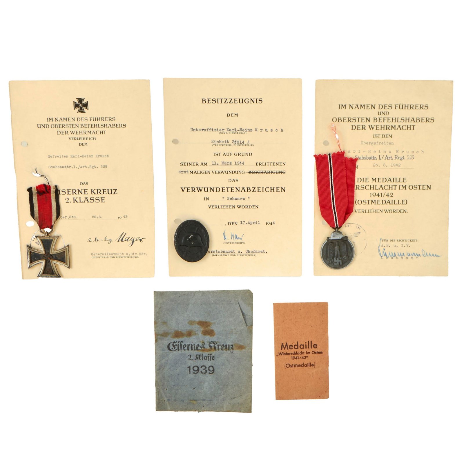 Buy Original German WWII Set of 3 Awards with Documents named to Unteroffizier Karl-Heinz Krusch of Artillery Regiment 329 | Original Firearms Antique For Sale
