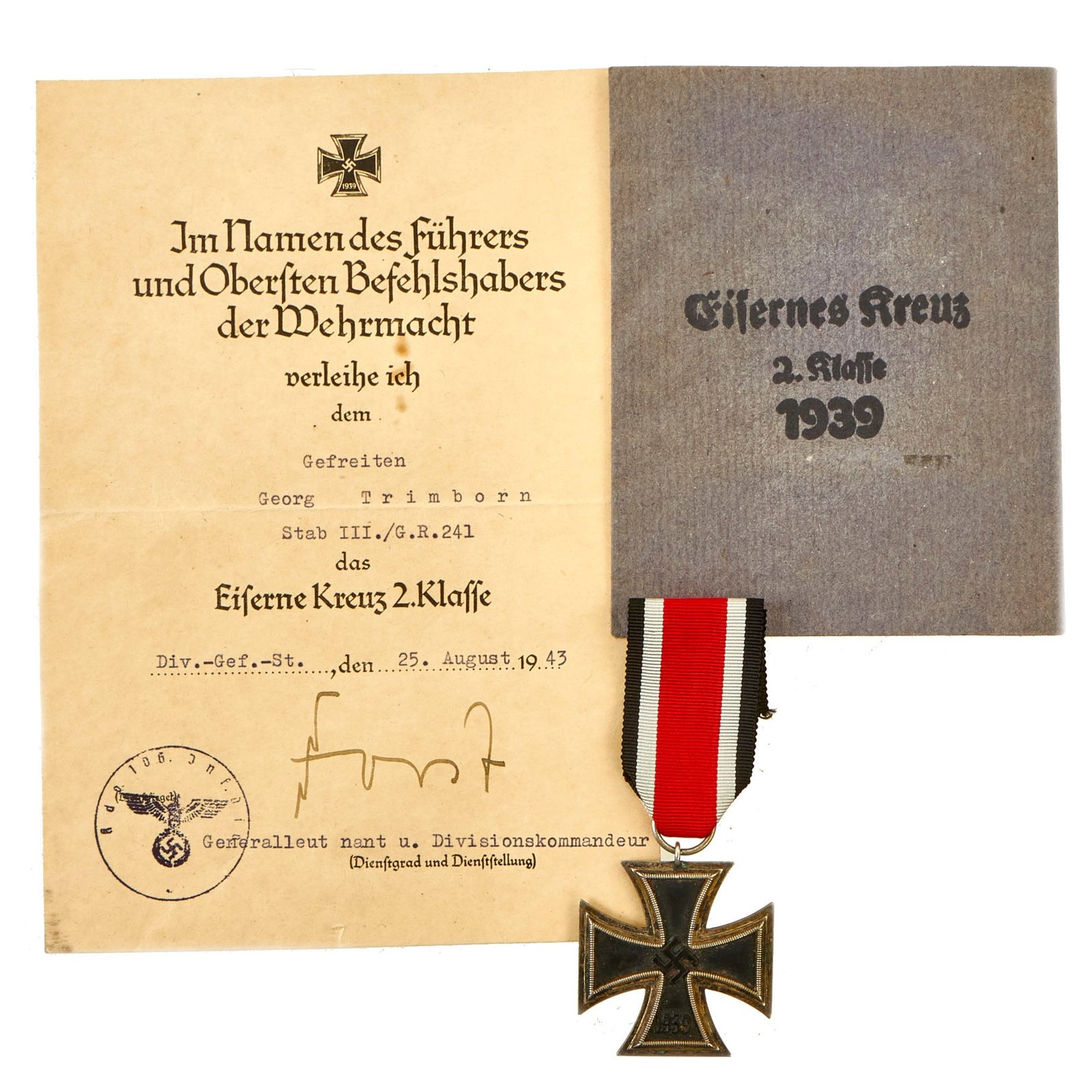 Buy Original German WWII Iron Cross 2nd Class 1939 with Named Award Document, Packet & Ribbon - EKII | Original Firearms Antique For Sale
