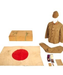 Buy Original Japanese WWII Killed In Action Personal Effects Box Featuring Uniform Set With Forage Cap, Medals and Silk Flag | Original Firearms Antique For Sale