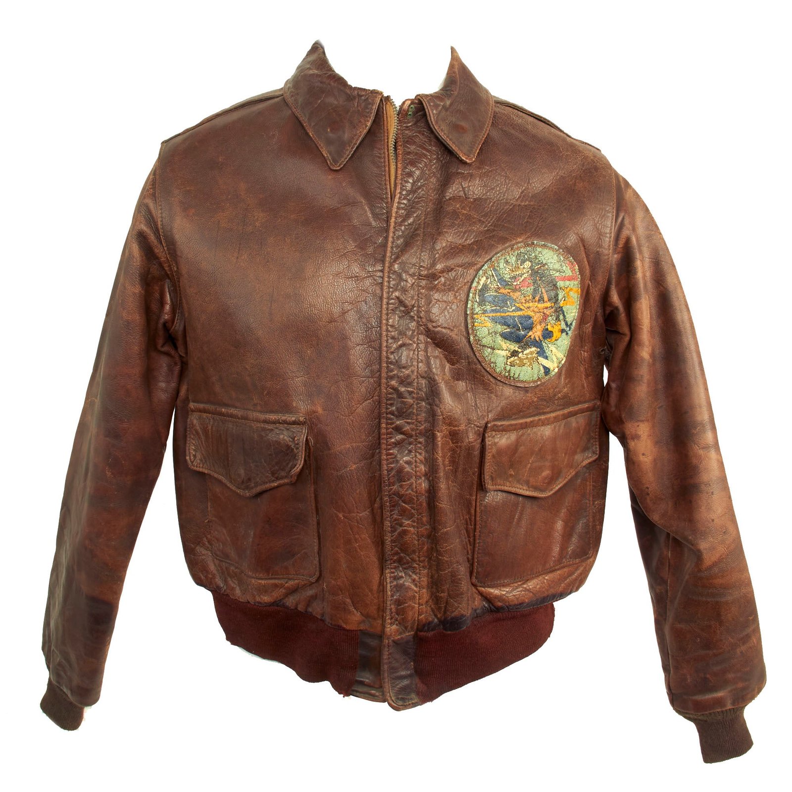 Buy Original U.S. WWII 2nd Air Force Disney “Big Bad Wolf” Squadron Painted A-2 Leather Flight Jacket - 474th Fighter Group, 70th Fighter Wing, 9th Air Force | Original Firearms Antique For Sale