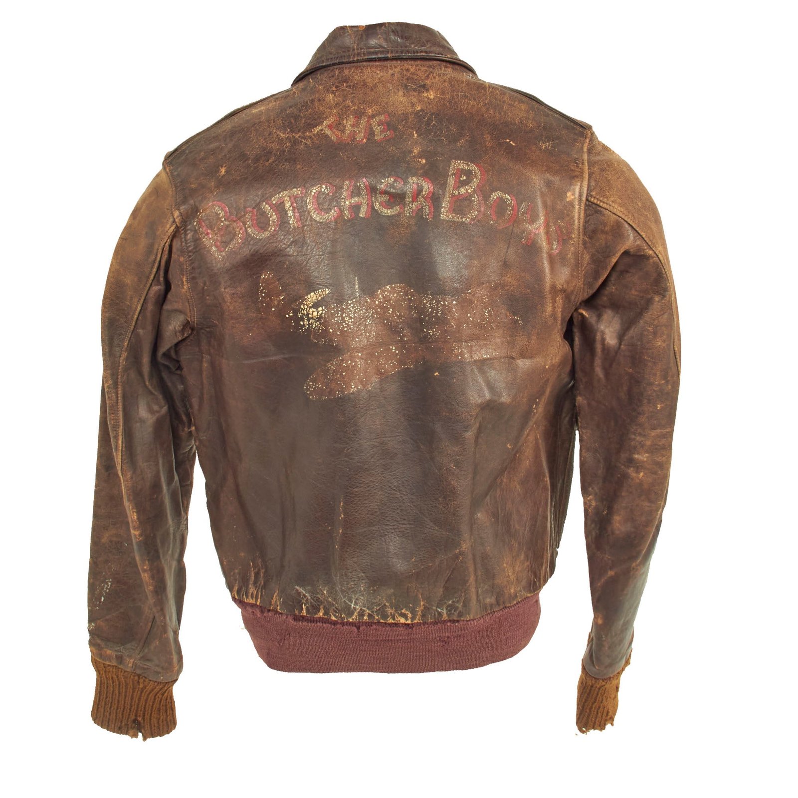 Buy Original U.S. WWII 411th Fighter Squadron, 373rd Fighter Group, 9th Air Force Painted A-2 Leather Flight Jacket For “The Butcher Boys” P-47 Thunderbolt Pilot | Original Firearms Antique For Sale