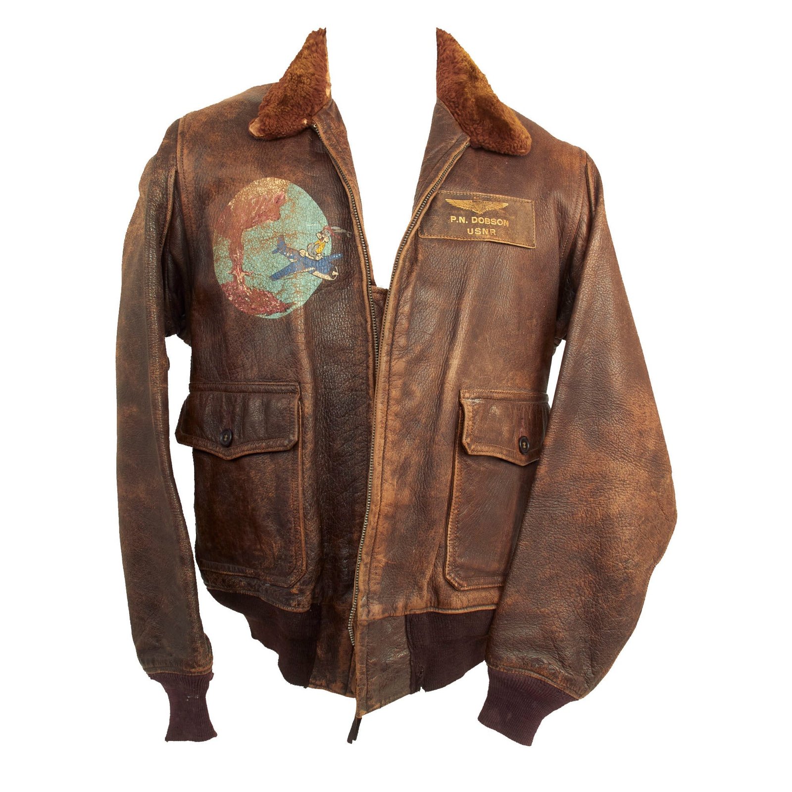 Buy Original U.S. WWII Named US Navy Bomber Squadron G-1 Leather Flying Jacket Featuring Bugs Bunny Squadron Artwork - P.N. Dobson USNR | Original Firearms Antique For Sale