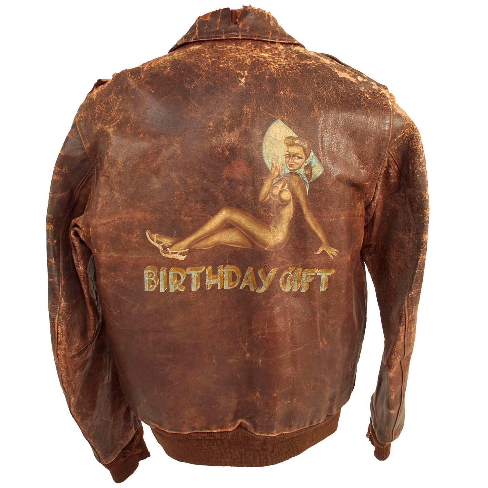 Buy Original U.S. WWII B-24 Birthday Gift Painted A-2 Leather Flight Jacket Named to Lt Walter Kilimnik - 736th Bomb Squadron | Original Firearms Antique For Sale