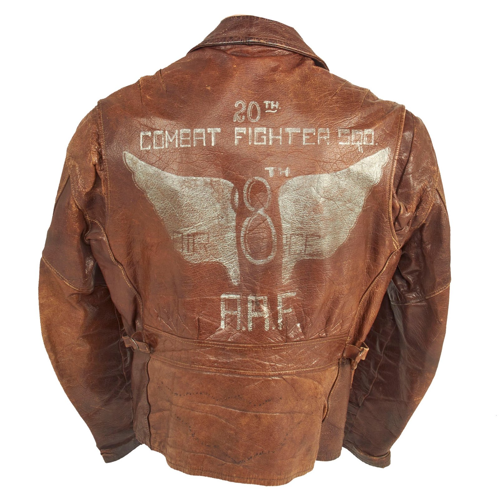 Buy Original U.S. WWII British Made A-2 Style 20th Combat Fighter Squadron, 8th Air Force Painted Leather Motorcycle Jacket | Original Firearms Antique For Sale