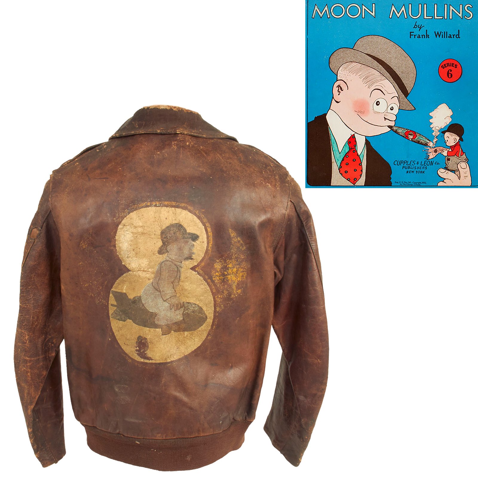 Buy Original U.S. WWII 8th Air Force Moon Mullins Cartoon Character Painted A-2 Leather Flight Jacket Named to Sgt Leonard Itle - 368th Bomb Squadron | Original Firearms Antique For Sale