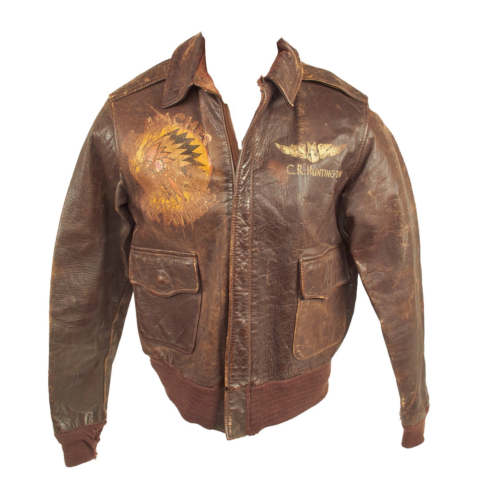 Buy Original U.S. WWII Named Painted A-2 Leather Flight Jacket For Gunner Carlton Huntington, 345th Bombardment Group “Air Apaches”, 501st Bombardment Squadron “Black Panthers” | Original Firearms Antique For Sale