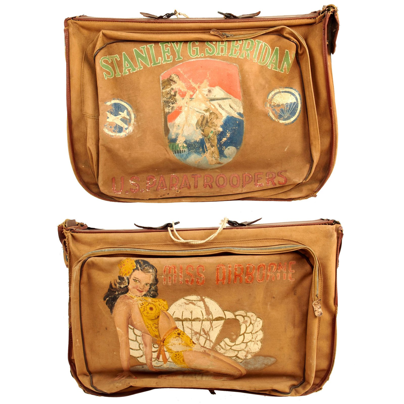 Buy Original WWII Occupation of Japan Far East Command Miss Airborne Pinup Girl Hand Painted B-4 Flight Bag of Stanley G. Sheridan | Original Firearms Antique For Sale