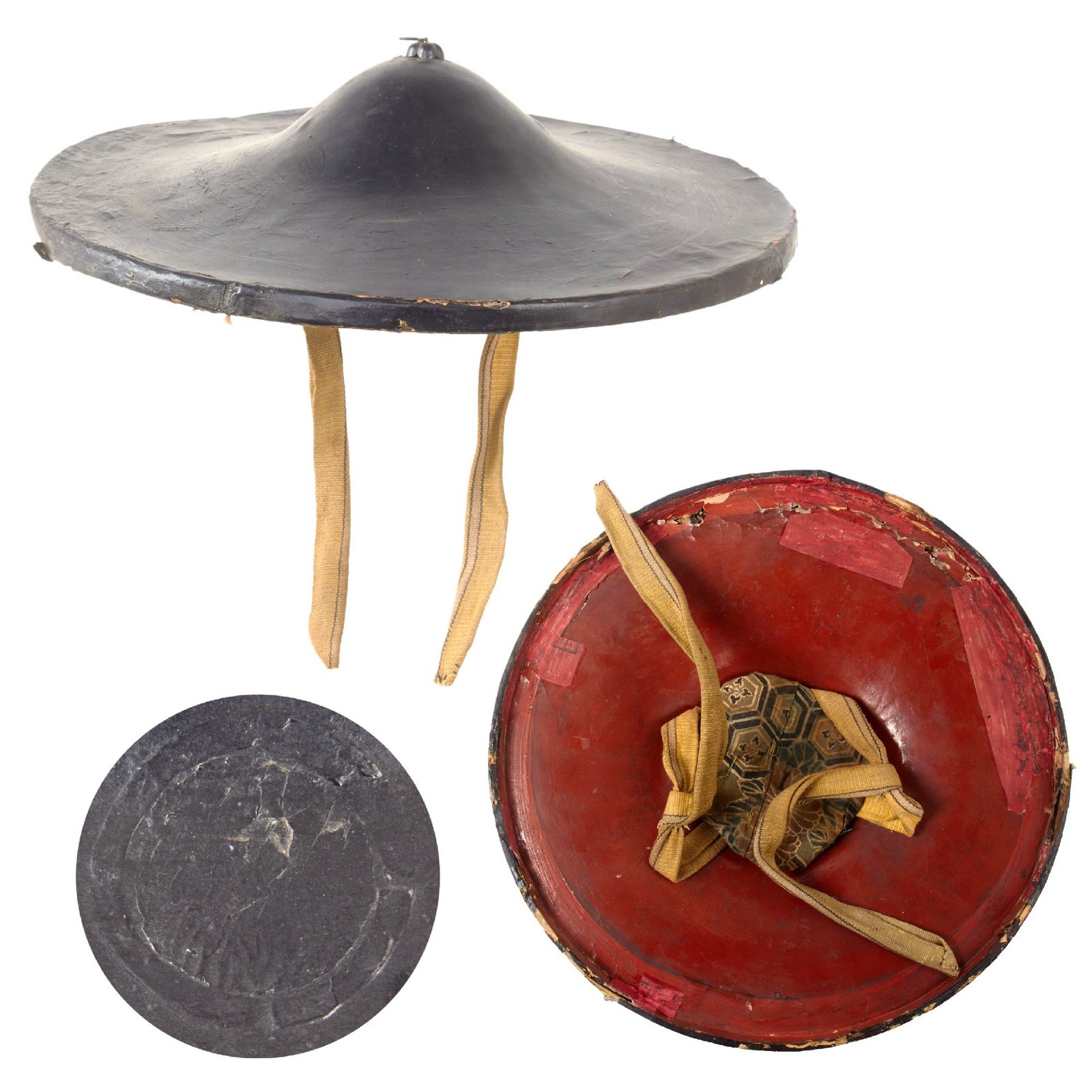 Original 19th Century Japanese Late Edo Period Lacquered Flat Samurai Jingasa Helmet with Painted-Over Family Crest and Liner