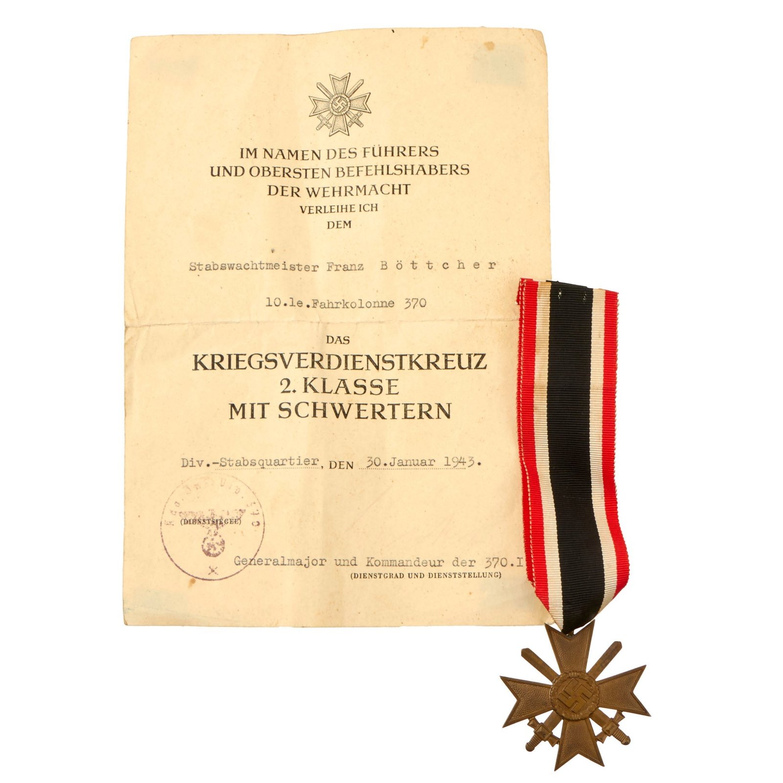 Buy Original German WWII War Merit Cross 2nd Class with Swords and Named Award Document - KvKII | Original Firearms Antique For Sale