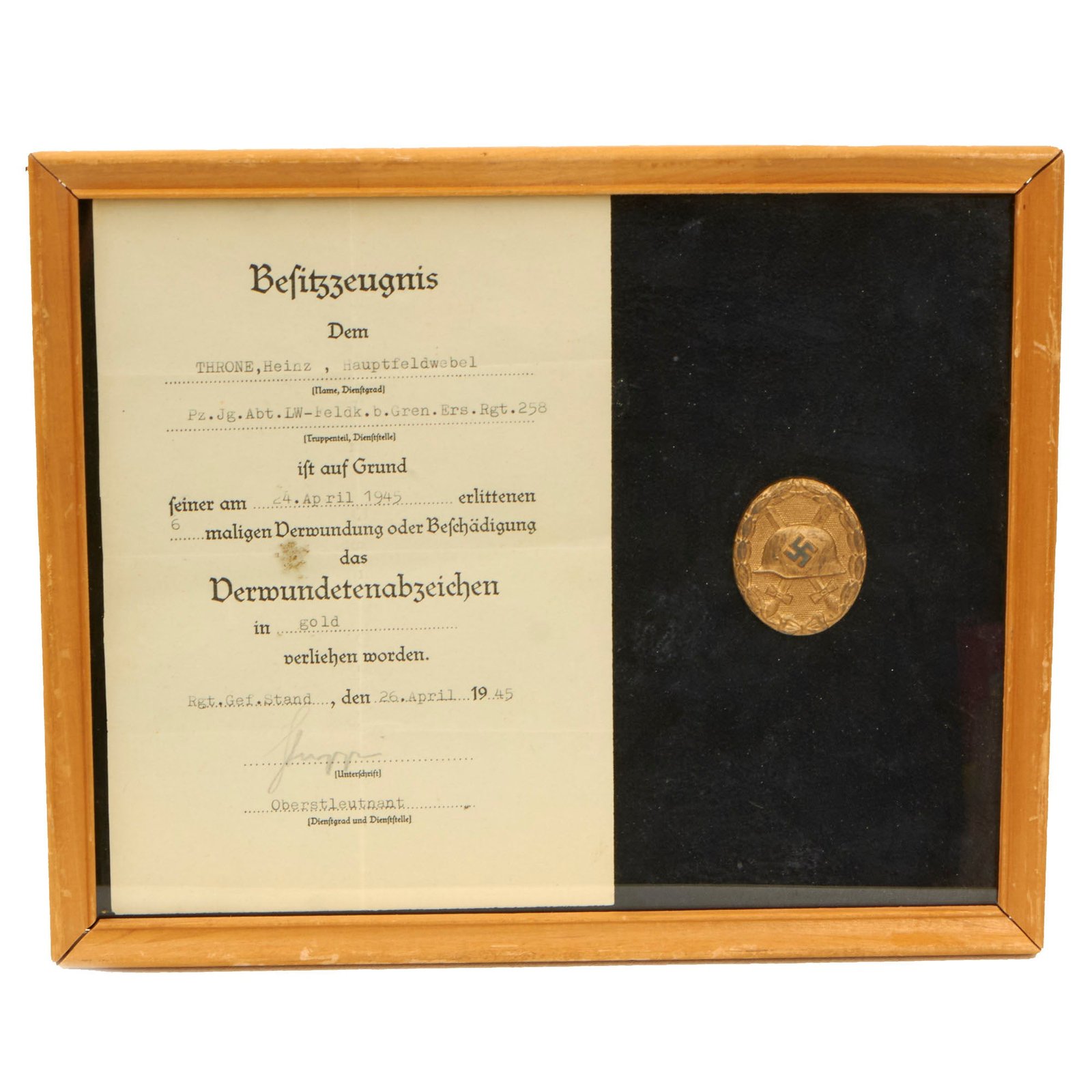Buy Original German WWII Framed Gold 1st Class Wound Badge by B.H. Mayer's Art Mint with Award Document - 10 ¾" x 8 ¾" | Original Firearms Antique For Sale