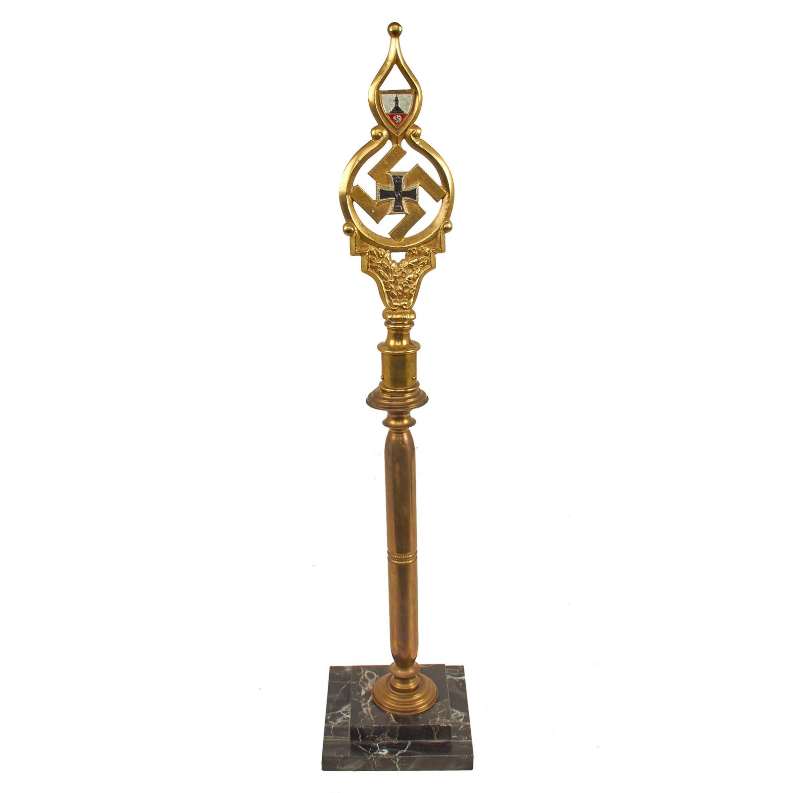 Buy Original German WWII National Socialist State Veteran's Association Flag Pole Finial on Brass & Marble Pedestal - NSRKB | Original Firearms Antique For Sale