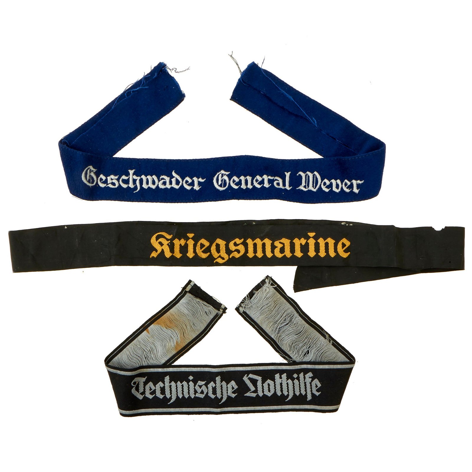 Buy Original German WWII Fabric Strap Insignia Grouping - Luftwaffe Cuff Title, TeNo Cuff Title & Kriegsmarine Cap Tally | Original Firearms Antique For Sale