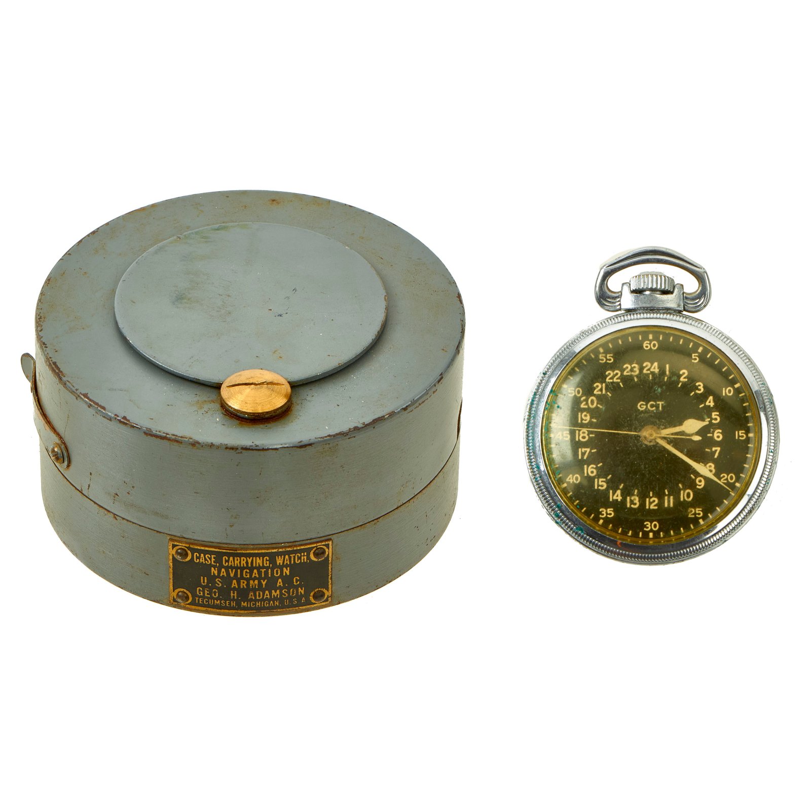 Buy Original WWII USAAF Service Used Elgin Type A-13 G.C.T Navigator Pocket Watch with Carry Case | Original Firearms Antique For Sale
