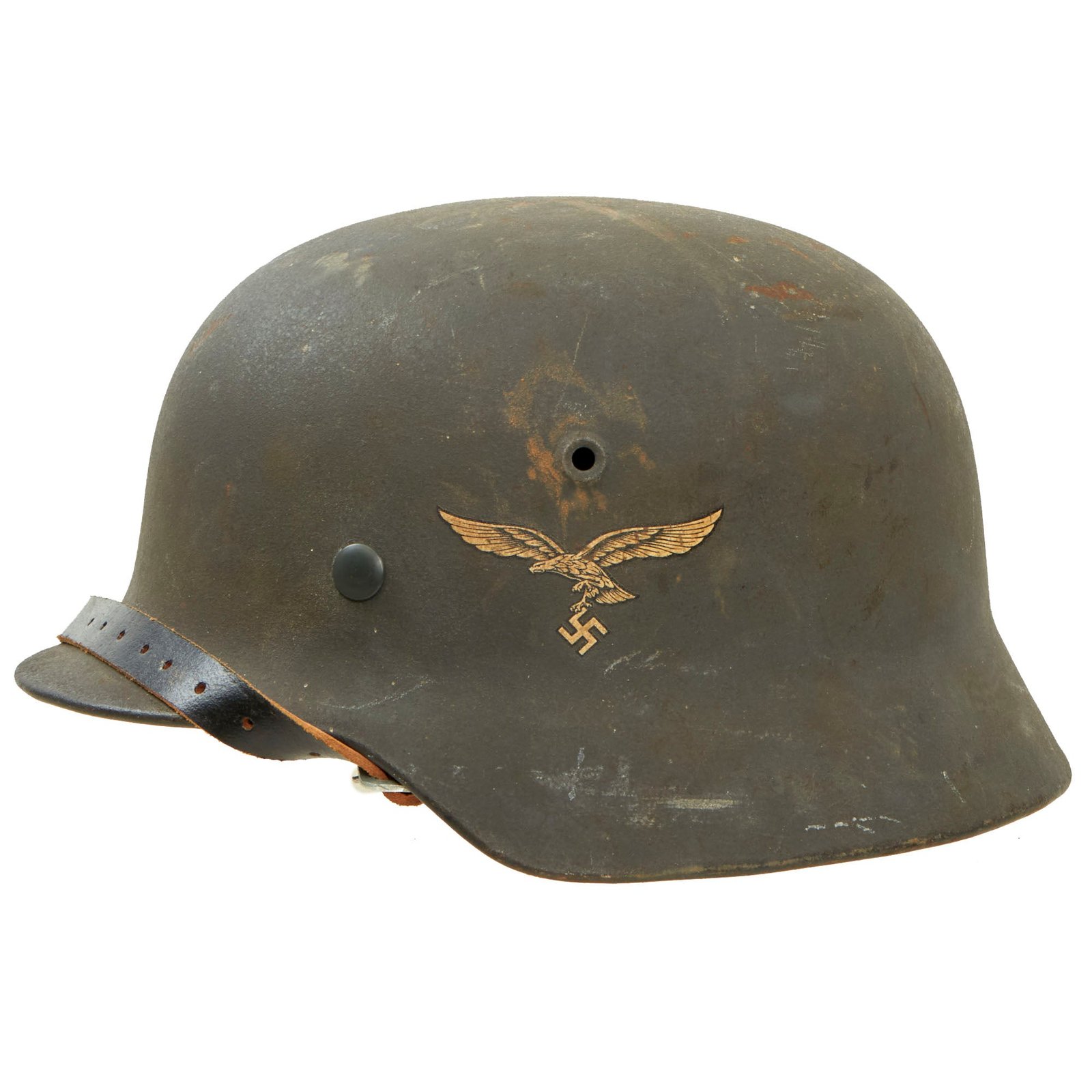 Buy Original German WWII M40 Single Decal Luftwaffe Helmet with Damaged 1940 Dated Size 59 Liner & Chinstrap - ET66 | Original Firearms Antique For Sale