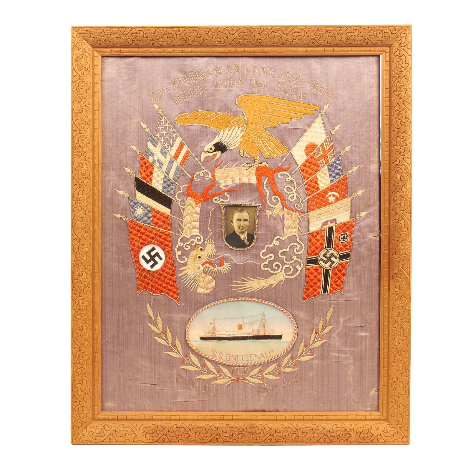Buy Original German Pre-WWII Named Ocean Voyage 1937 Dated Tour Flag from NDL Ship SS Gneisenau - 19" x 23" | Original Firearms Antique For Sale