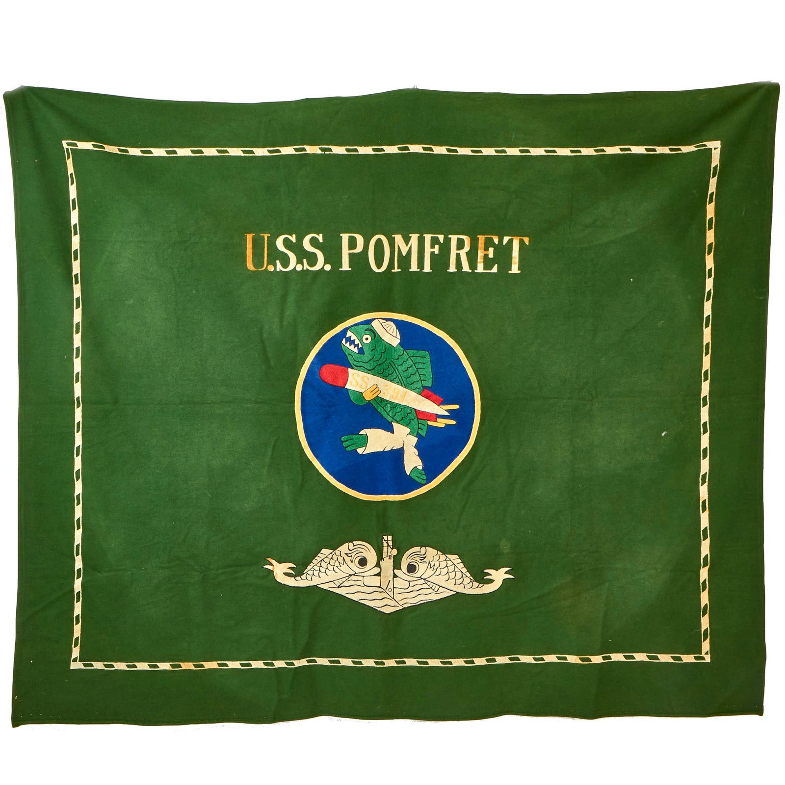 Buy Original U.S. WWII USS Pomfret (SS-391) Balao-class Submarine Wool Embroidered “Battle Flag” - 64 ½” x 53 ½” | Original Firearms Antique For Sale