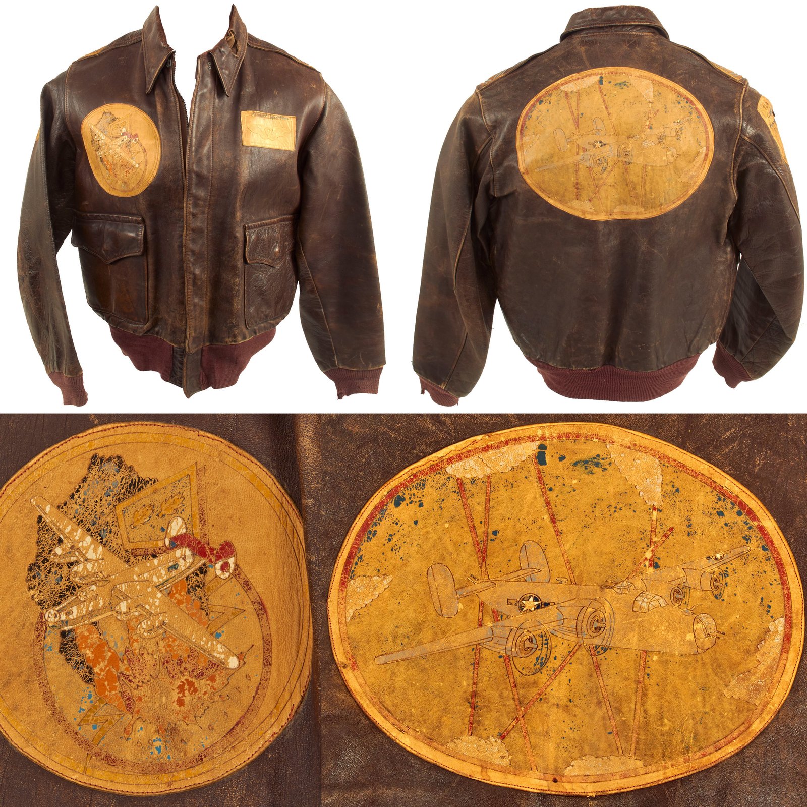 Buy Original U.S. WWII Named Painted A-2 Leather Flight Jacket With Italian Made Leather Insignia For Gunner Sergeant First Class Robert Watters, 451st Bombardment Group | Original Firearms Antique For Sale