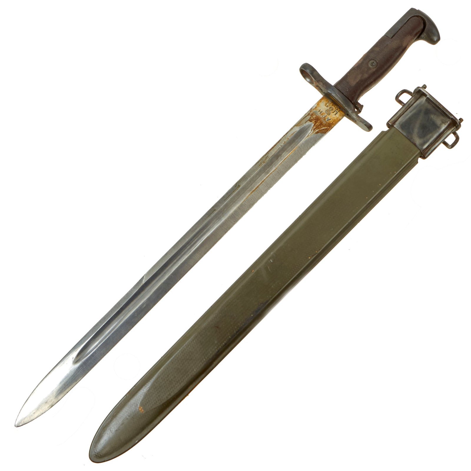 Buy Original U.S. WWII M1942 Garand 16" Bayonet by American Fork & Hoe with Rare “CAB” Grips & M3 Scabbard - dated 1942 | Original Firearms Antique For Sale