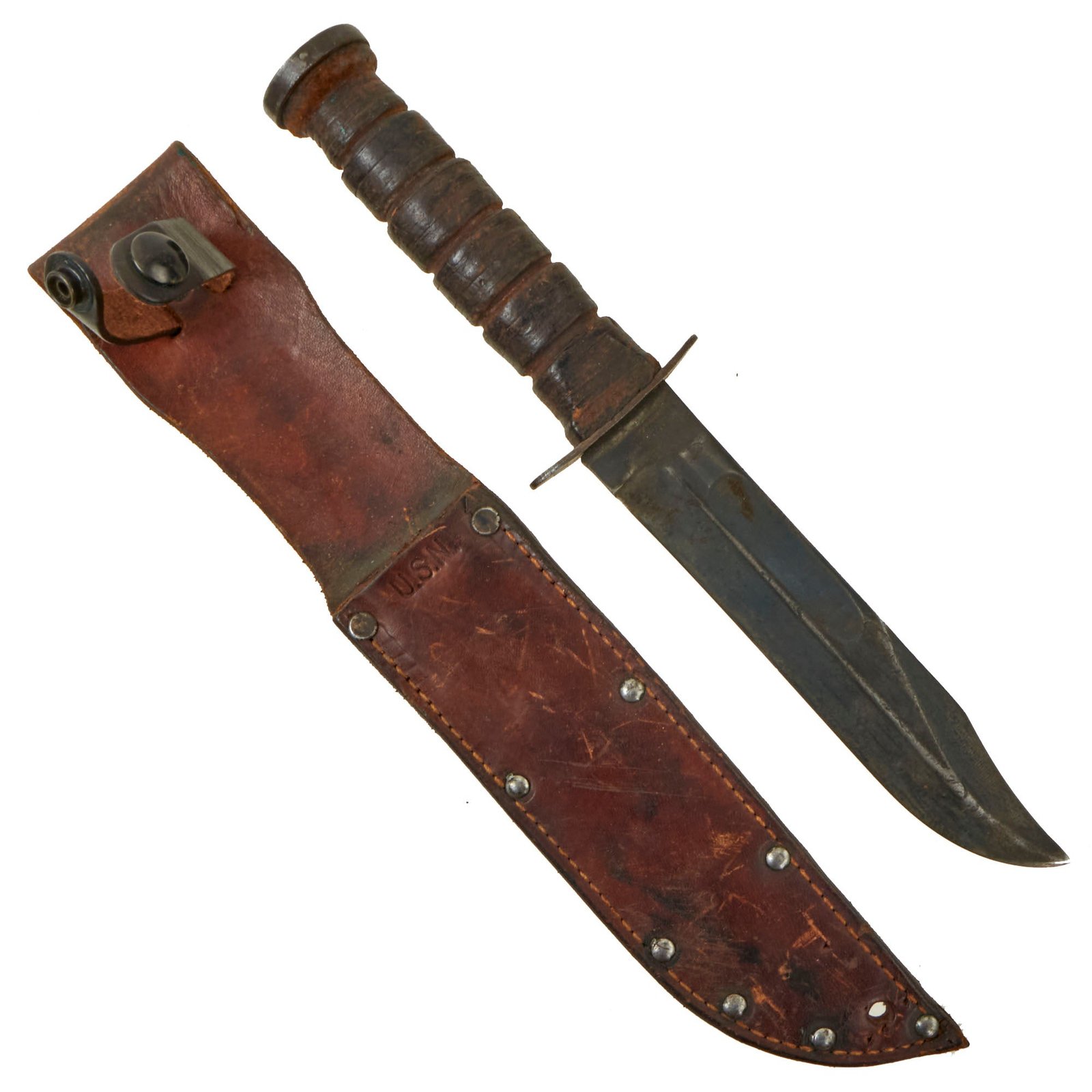 Buy Original U.S. WWII USN Mark 2 KA-BAR Fighting Knife by Robeson Cutlery Co. with USN Leather Scabbard | Original Firearms Antique For Sale