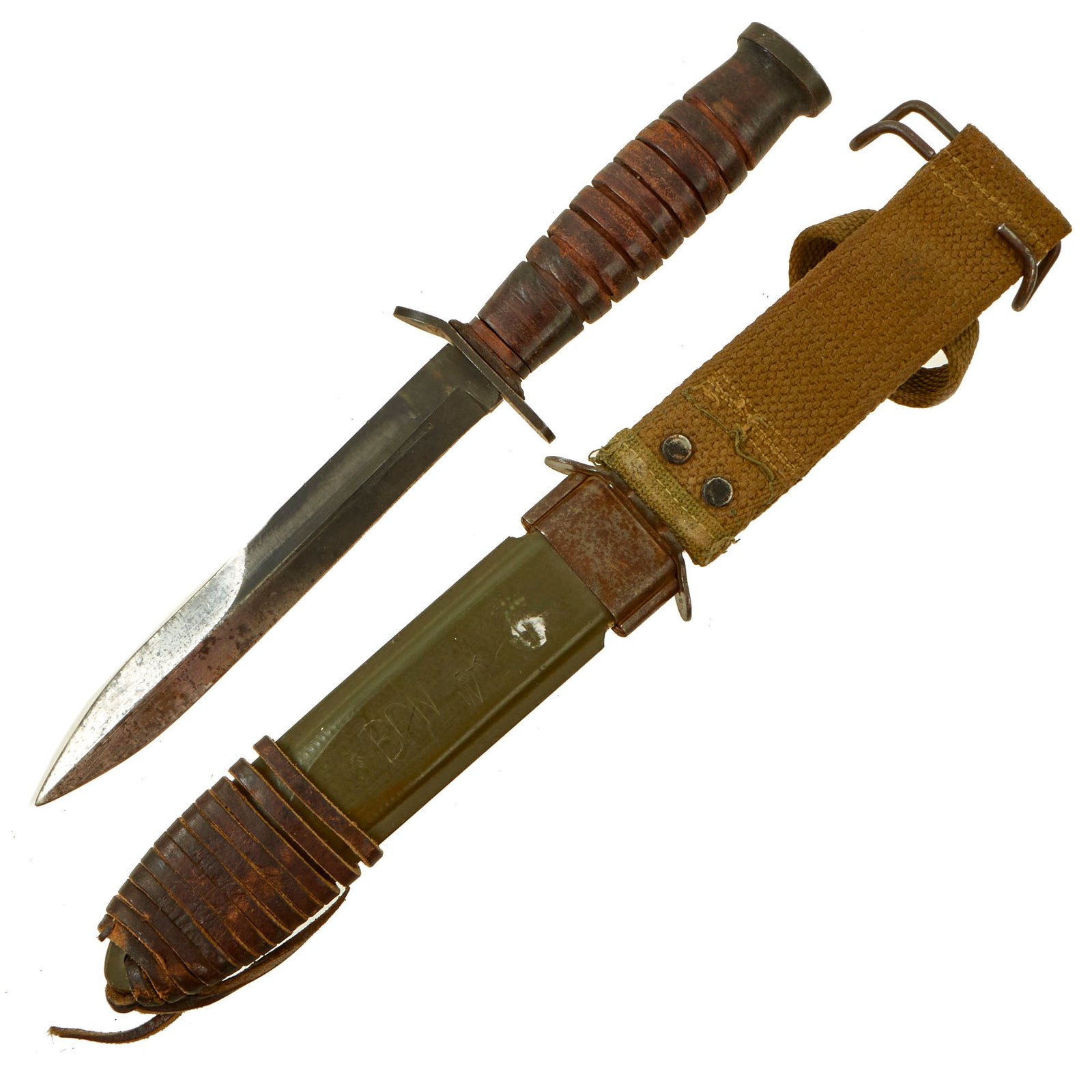 Buy Original U.S. WWII M3 Fighting Knife by Kinfolks, Inc. with M8 Scabbard - Crossguard Marked Version | Original Firearms Antique For Sale