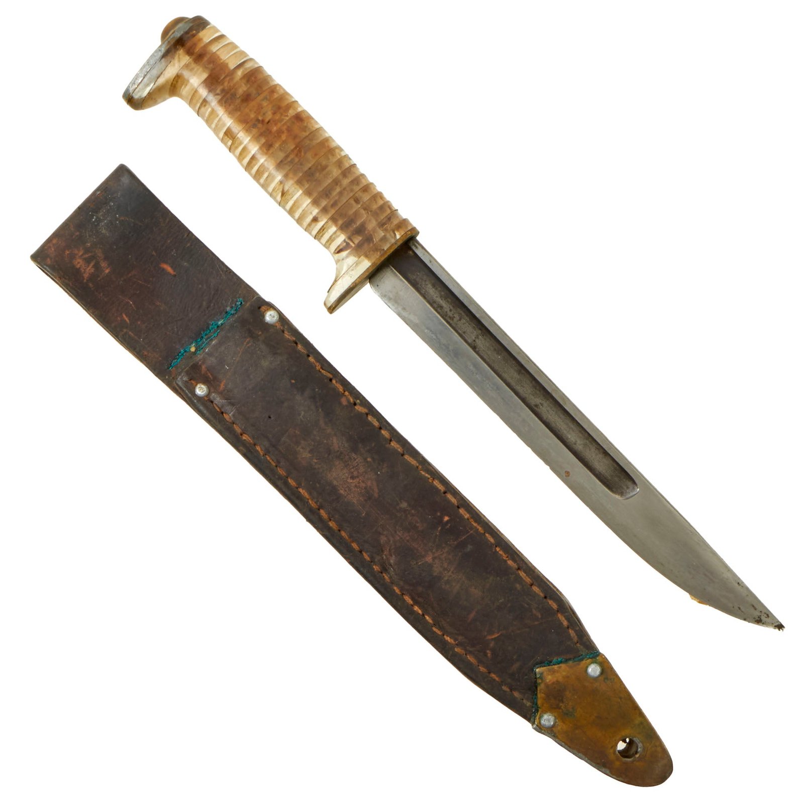 Buy Original U.S. WWII Era “Egonomic Handle” Theater Made Fighting Knife Constructed From Japanese Arisaka Rifle Type 30 Bayonet With Leather Scabbard | Original Firearms Antique For Sale