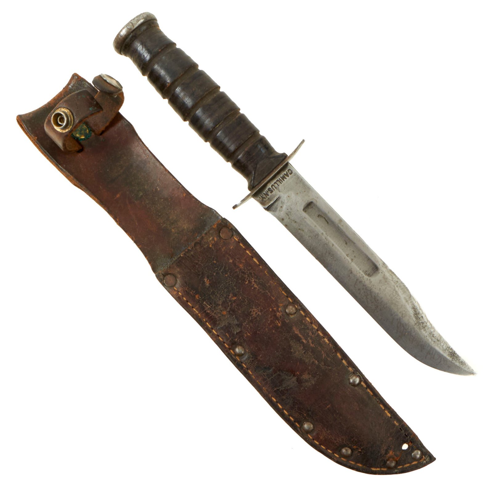 Buy Original U.S. WWII USMC Mark 2 KA-BAR Fighting Knife by CAMILLUS With Named Leather Sheath | Original Firearms Antique For Sale