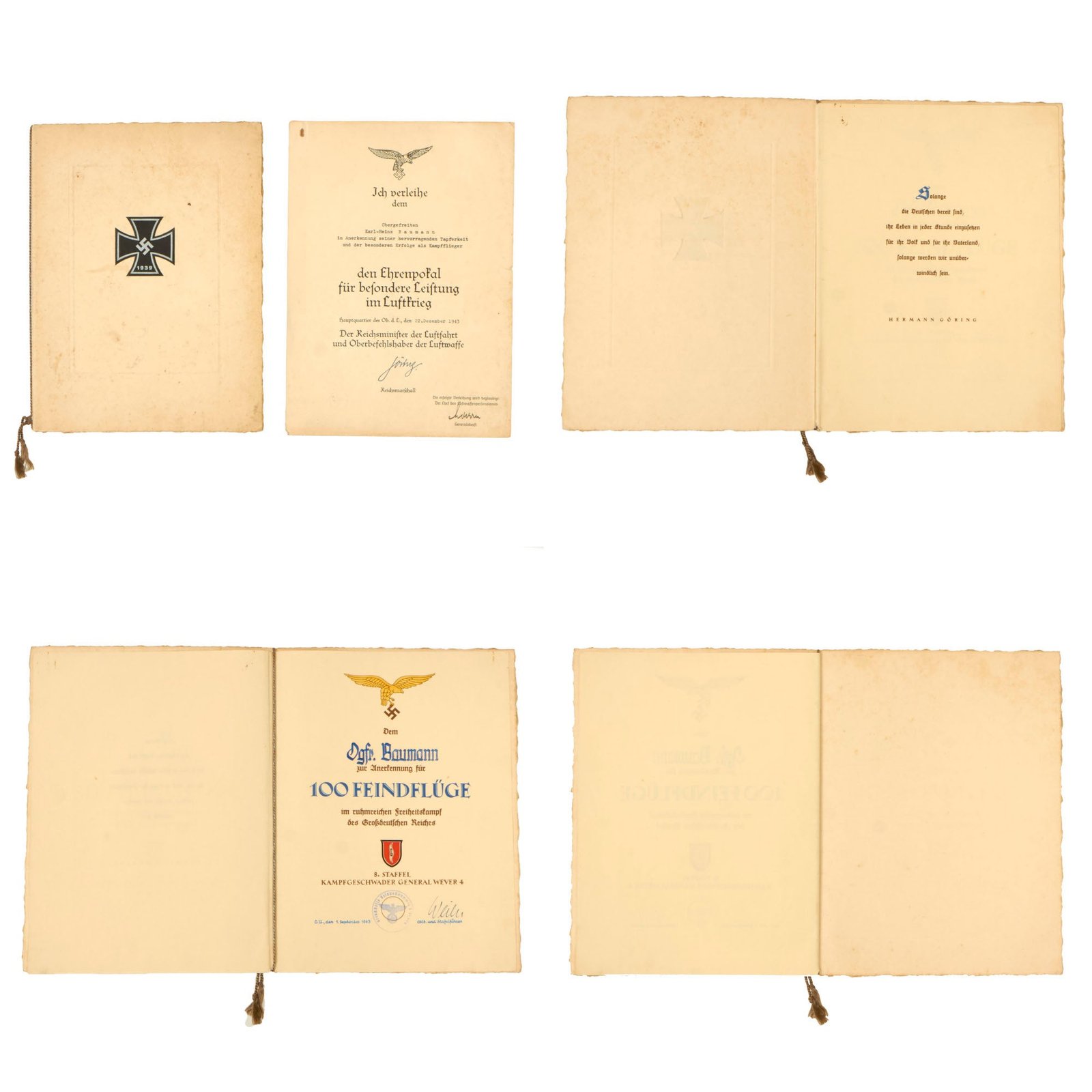 Buy Original German WWII Luftwaffe Honor Goblet and 100 Mission Award Documents Named to Obergefreiten Karl-Heinz Baumann | Original Firearms Antique For Sale