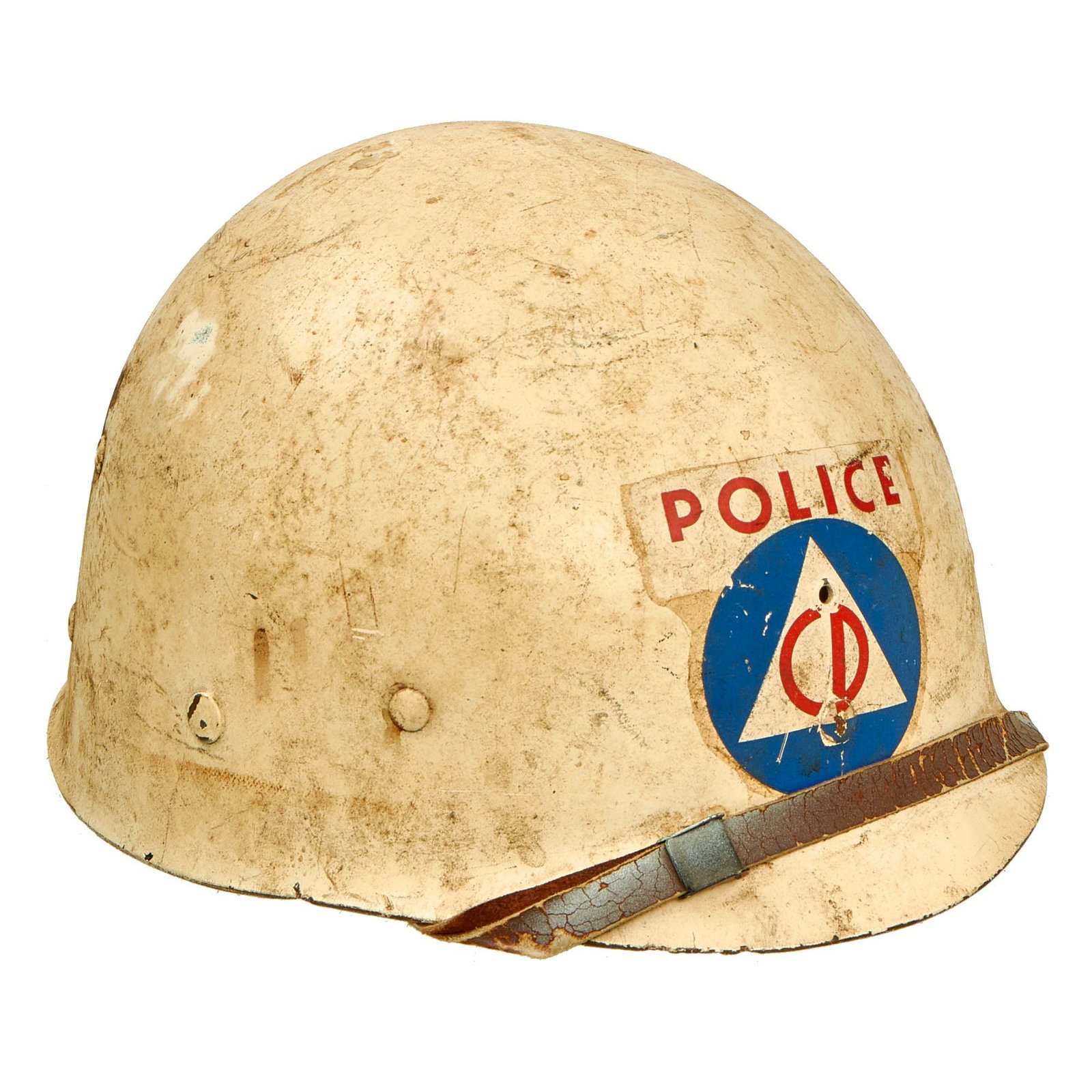 Buy Original U.S. WWII Era Police Civil Defense Painted High Pressure Firestone M1 Helmet Liner With Leather Chinstrap | Original Firearms Antique For Sale
