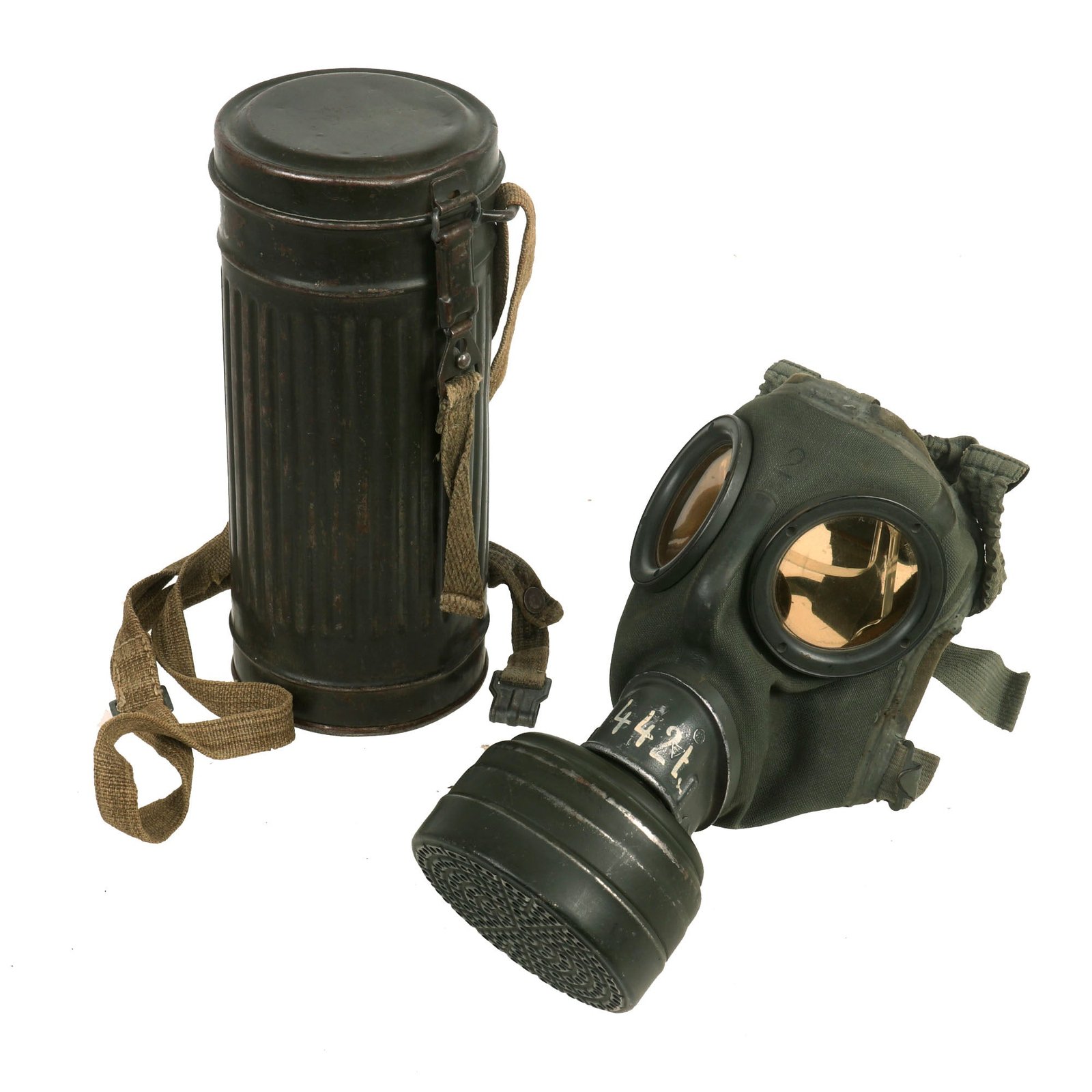 Buy Original German WWII Named M30 2nd Model Size 2 Gas Mask with Fe 37 Filter and Canister - Dated 1938/43 | Original Firearms Antique For Sale