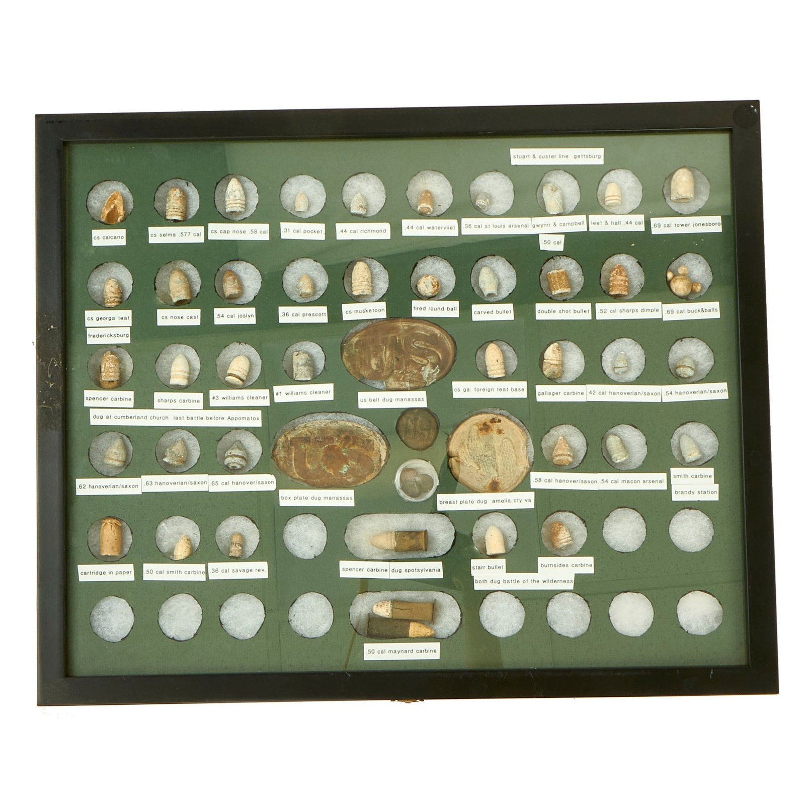 Buy Original U.S. Civil War Bullet, Cartridge and Box Plate Collection in Display Case - 42 Types of Ammunition | Original Firearms Antique For Sale