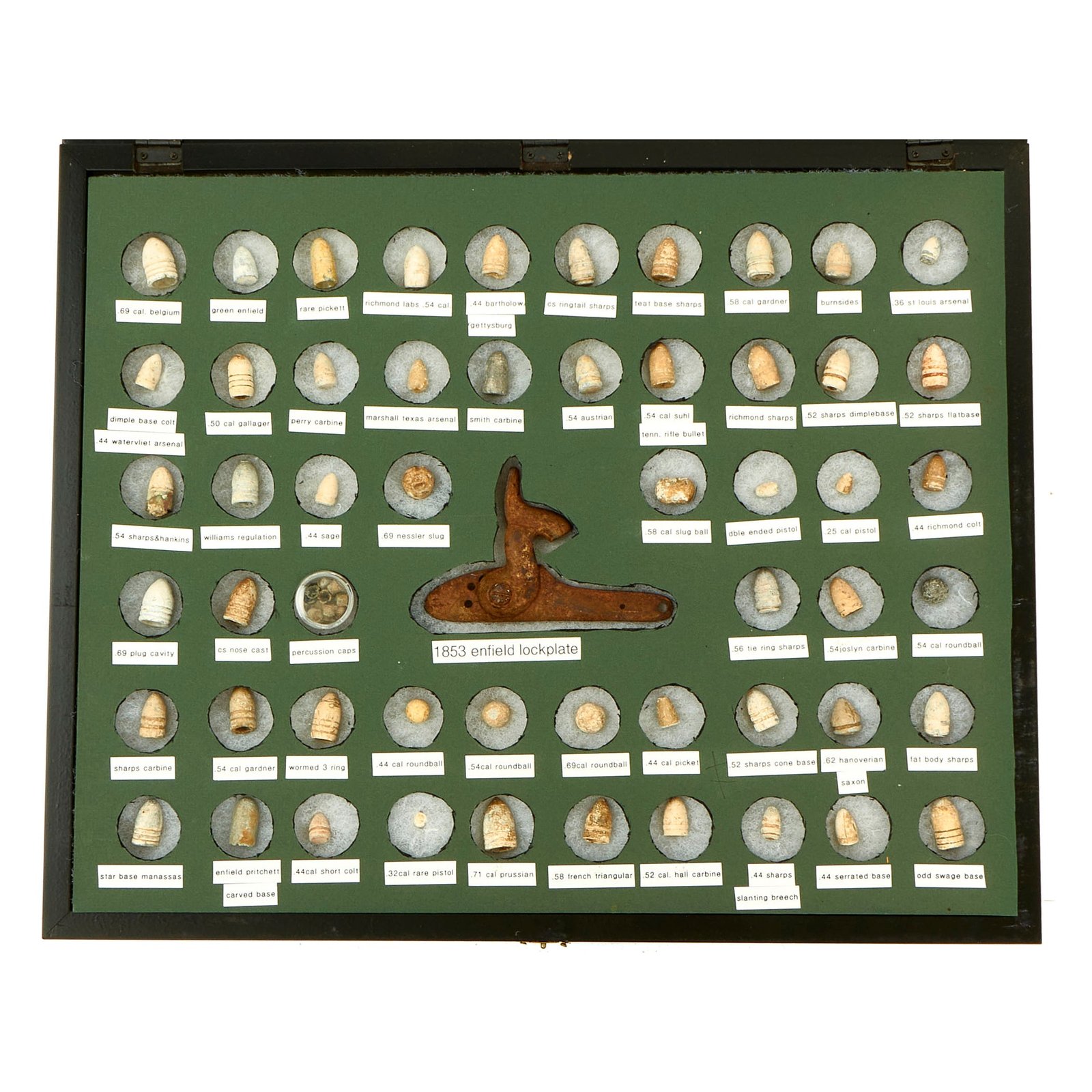Buy Original U.S. Civil War Bullet Collection with Percussion Caps & P-1853 Enfield Lock in Display Case - 56 Types of Ammunition | Original Firearms Antique For Sale