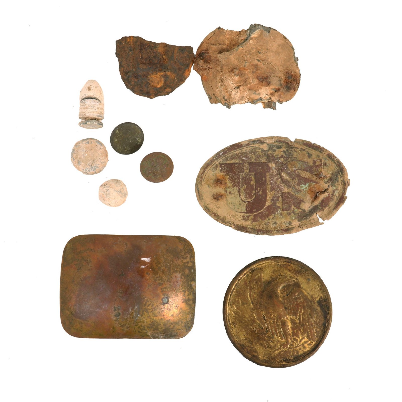 Buy Original U.S. Civil War Lot of Relic Belt Buckles, Buttons, & Bullets Ground Dug at Chattanooga, Virginia, & Baton Rouge - 10 Pieces Total | Original Firearms Antique For Sale