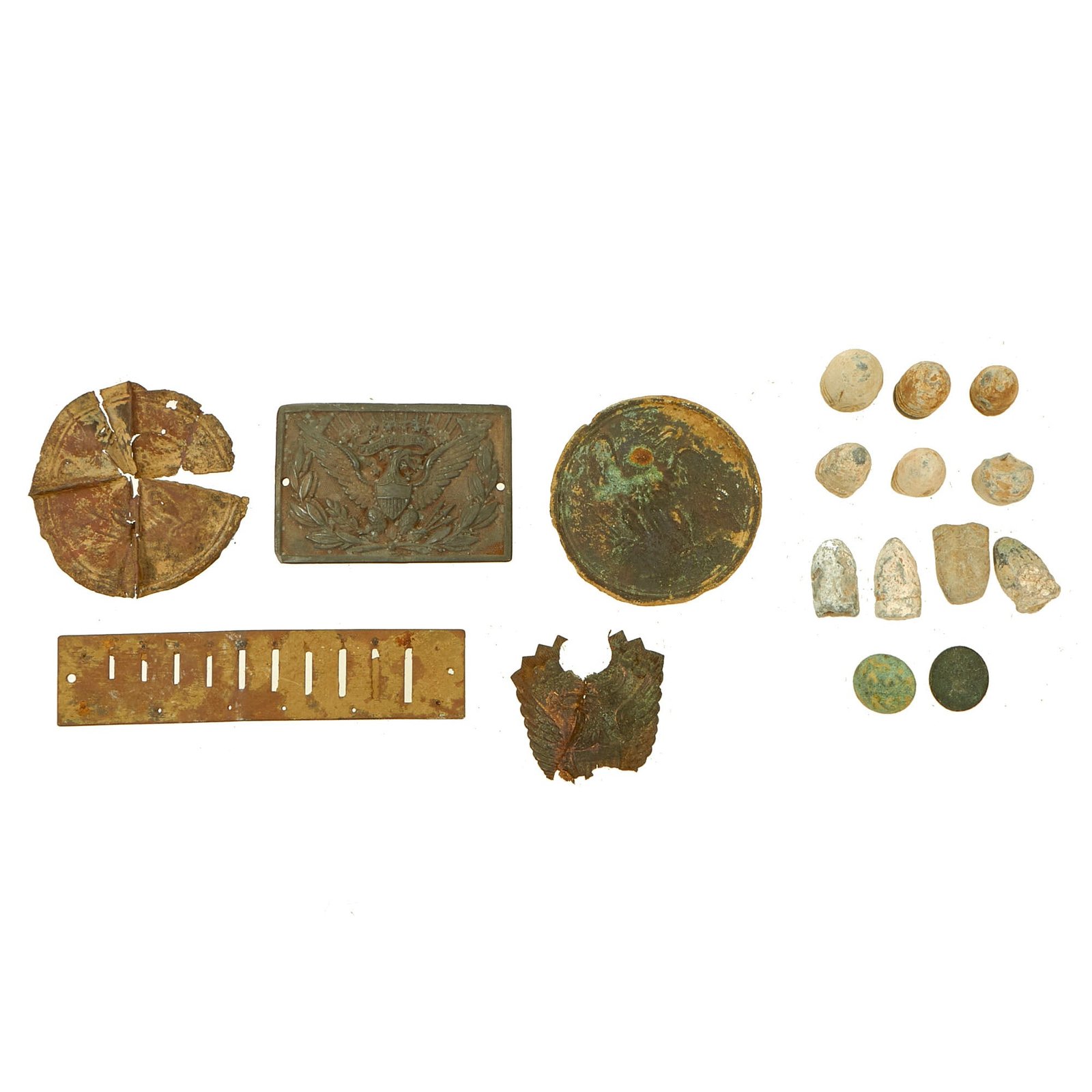 Buy Original U.S. Civil War Federal Cartridge Box Plate and Minié ball Lot Ground Dug Near Location of the Battle of Cold Harbor, Virginia | Original Firearms Antique For Sale