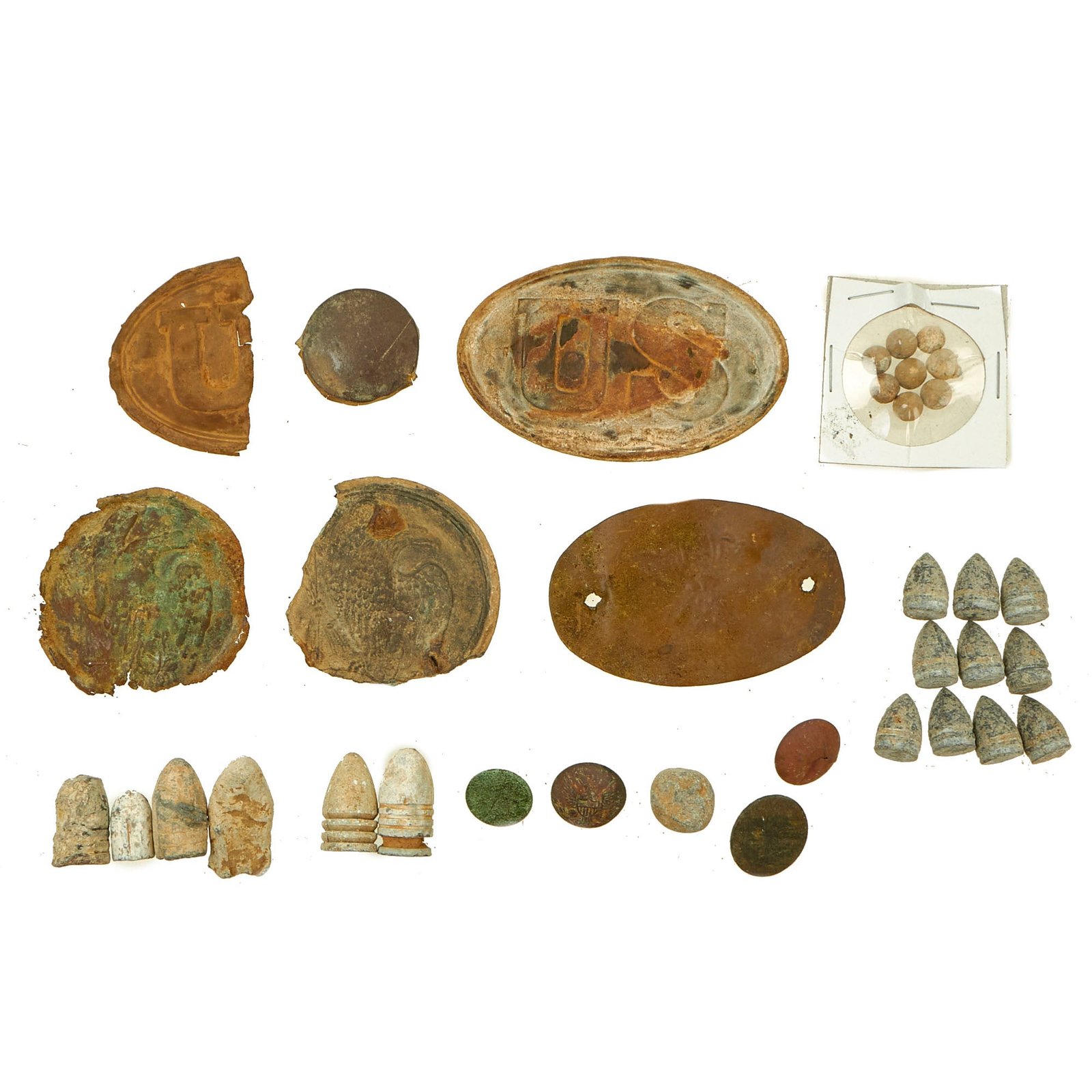 Buy Original U.S. Civil War Federal Cartridge Box Plate and Minié ball Lot Ground Dug Near Location of the Battle of Cold Harbor, Virginia | Original Firearms Antique For Sale